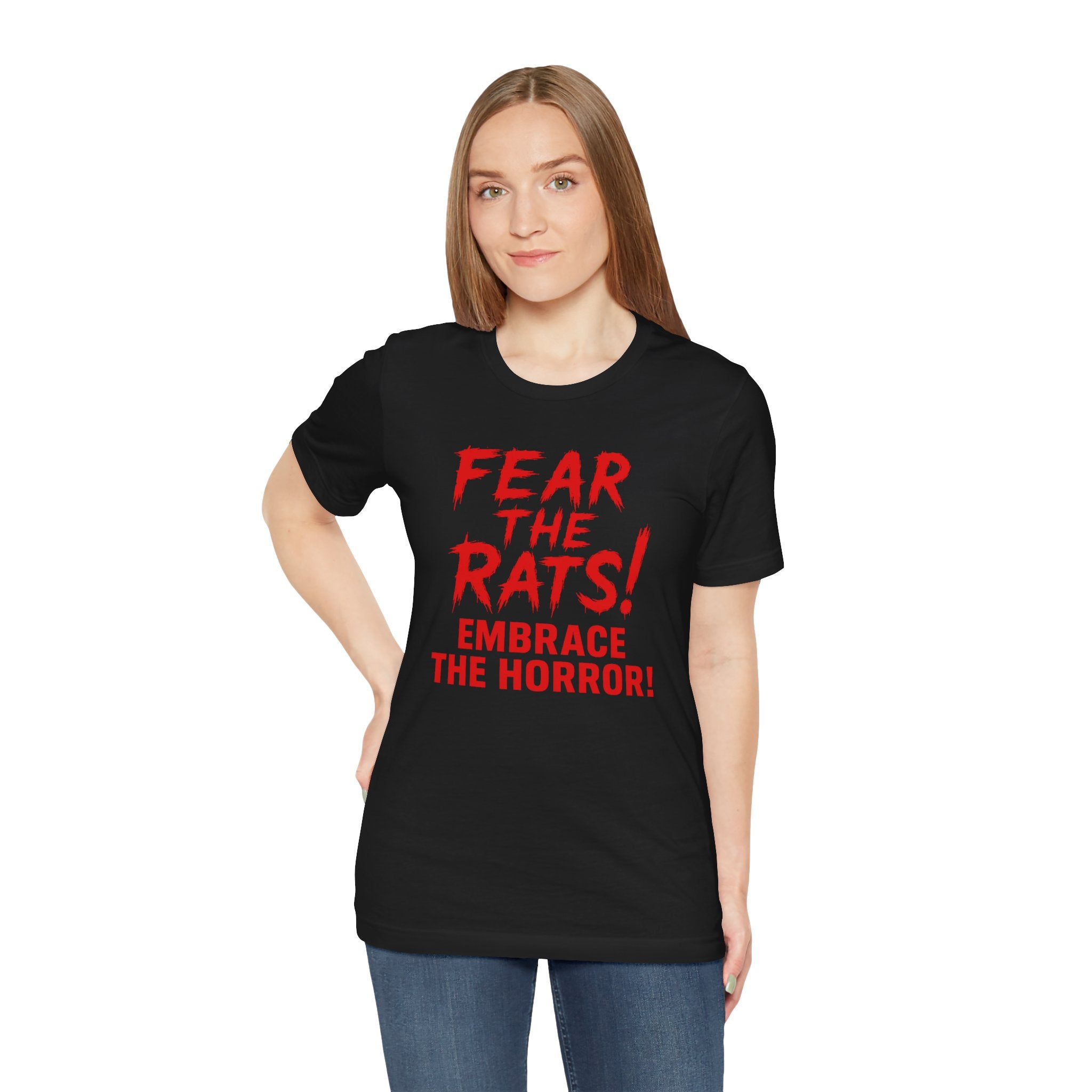 RTS: "Fear the Rats! Embrace the Horror!" (RATS! Logo - Back Side) - Unisex Jersey Short Sleeve Lightweight Tee (Black)