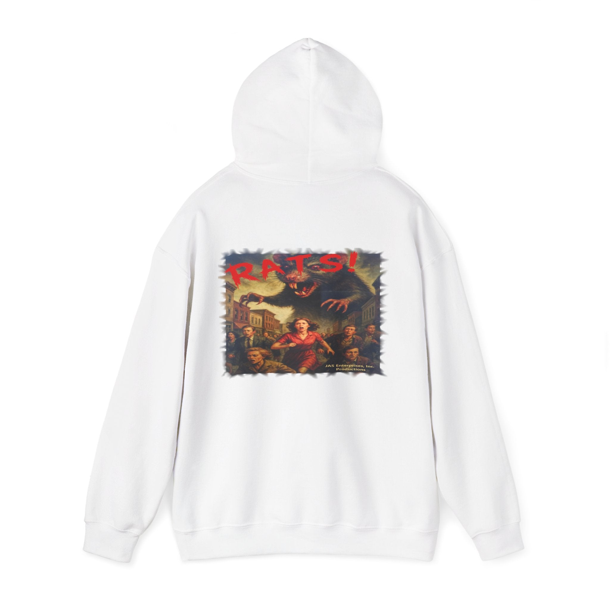 RHD: "Fear the Rats! Embrace the Horror!" Small Logo (RATS! Logo - Back Side) - Unisex Hoodie (White)
