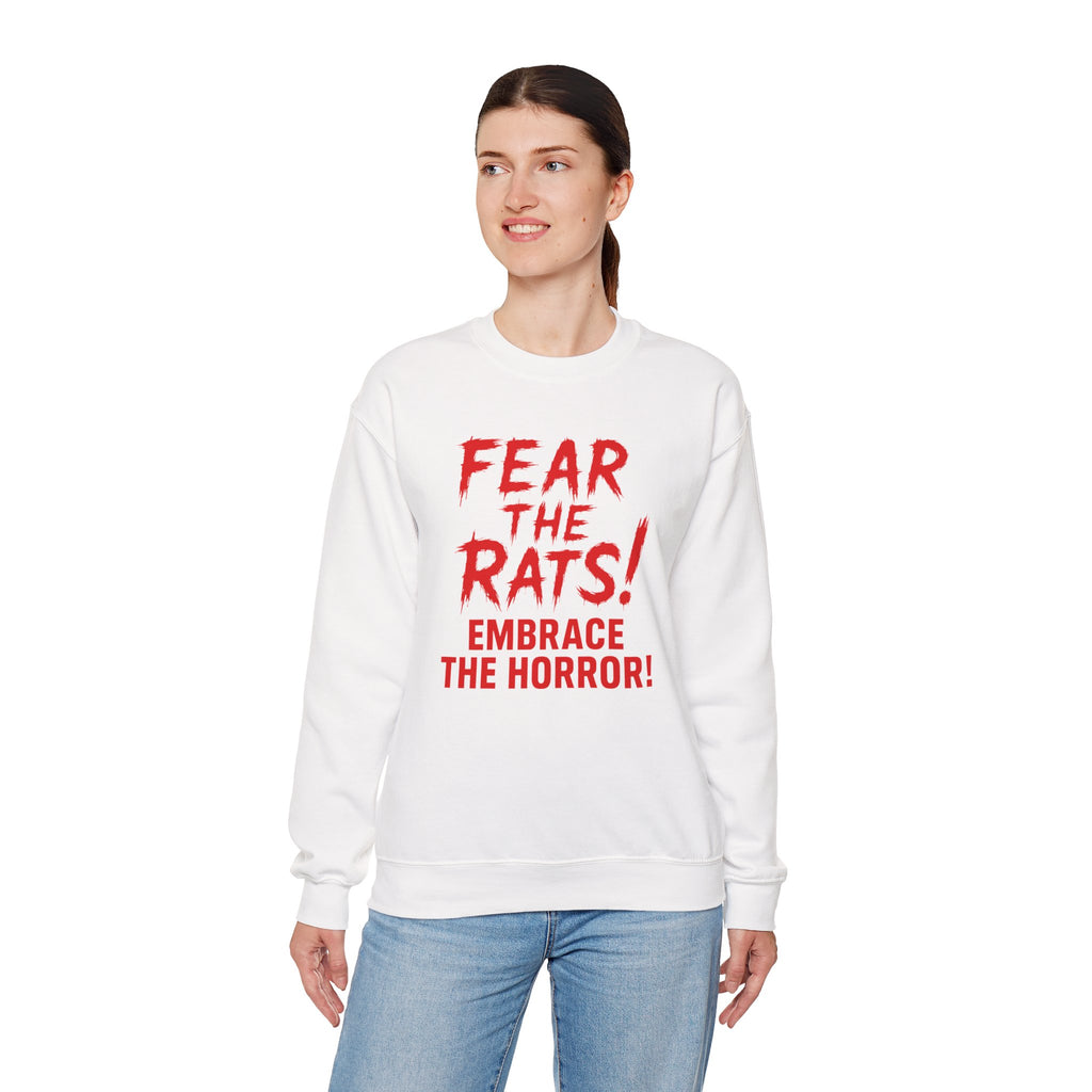 RSS: "Fear the Rats! Embrace the Horror!" (RATS! Logo - Back Side) - Unisex Crewneck Sweatshirt (White)