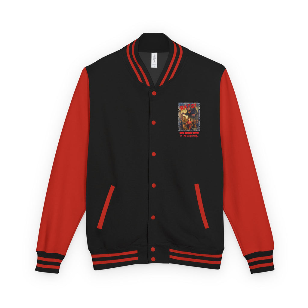 RJK: "RATS!" Small Logo (Front) - Unisex Heavyweight Letterman Jacket (Black/Red)