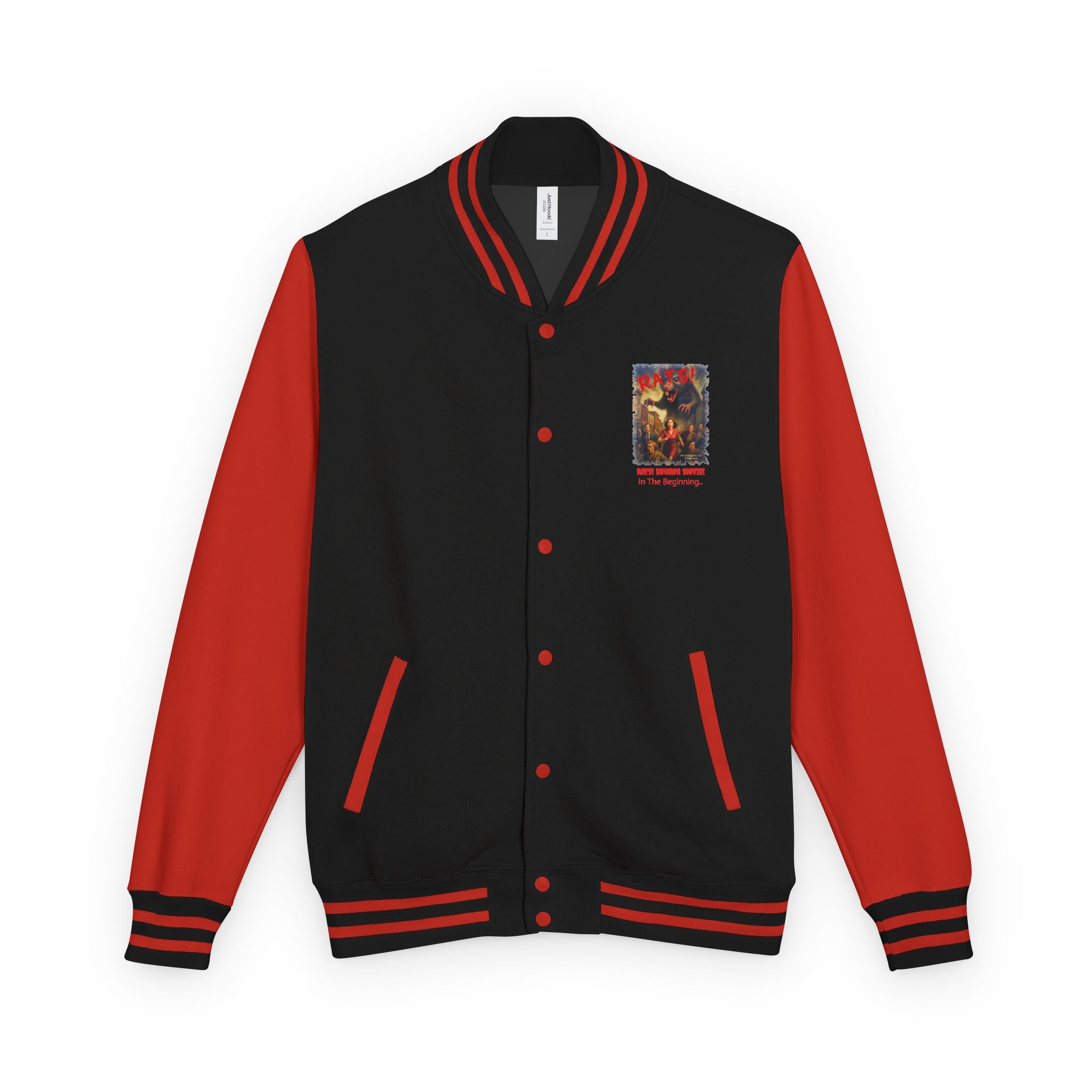 RJK: "RATS!" Small Logo (Front) - Unisex Heavyweight Letterman Jacket (Black/Red)
