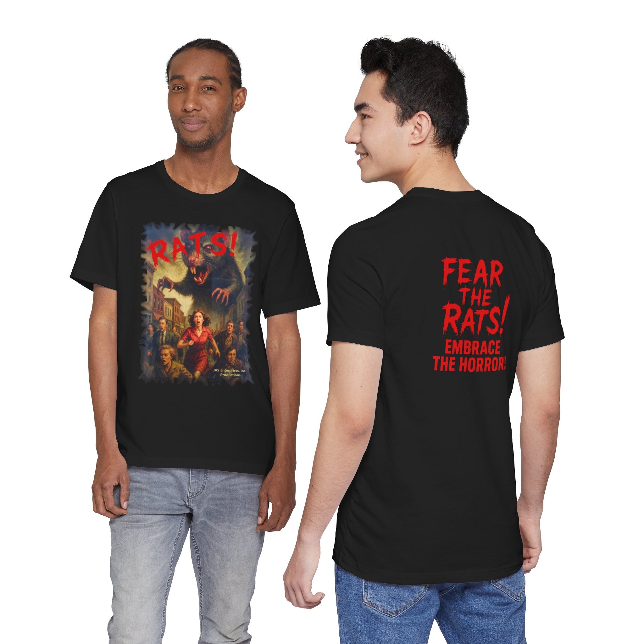 RTS: "RATS" Logo (Fear the Rats! Embrace the Horror! - Back Side) - Unisex Jersey Short Sleeve Lightweight Tee (Black)