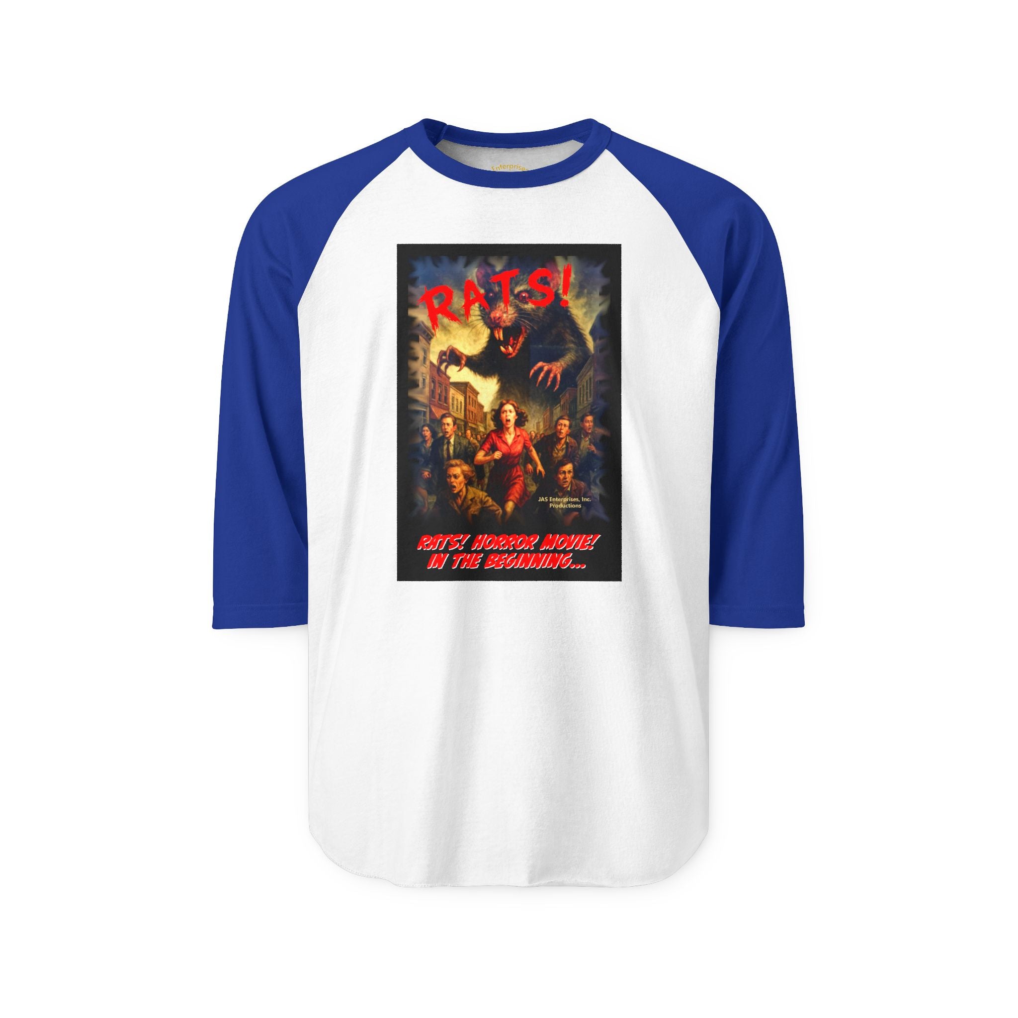 RRS: "RATS!" Movie Title Logo (Black Background) - Unisex Three-Quarter Sleeve Raglan Shirt