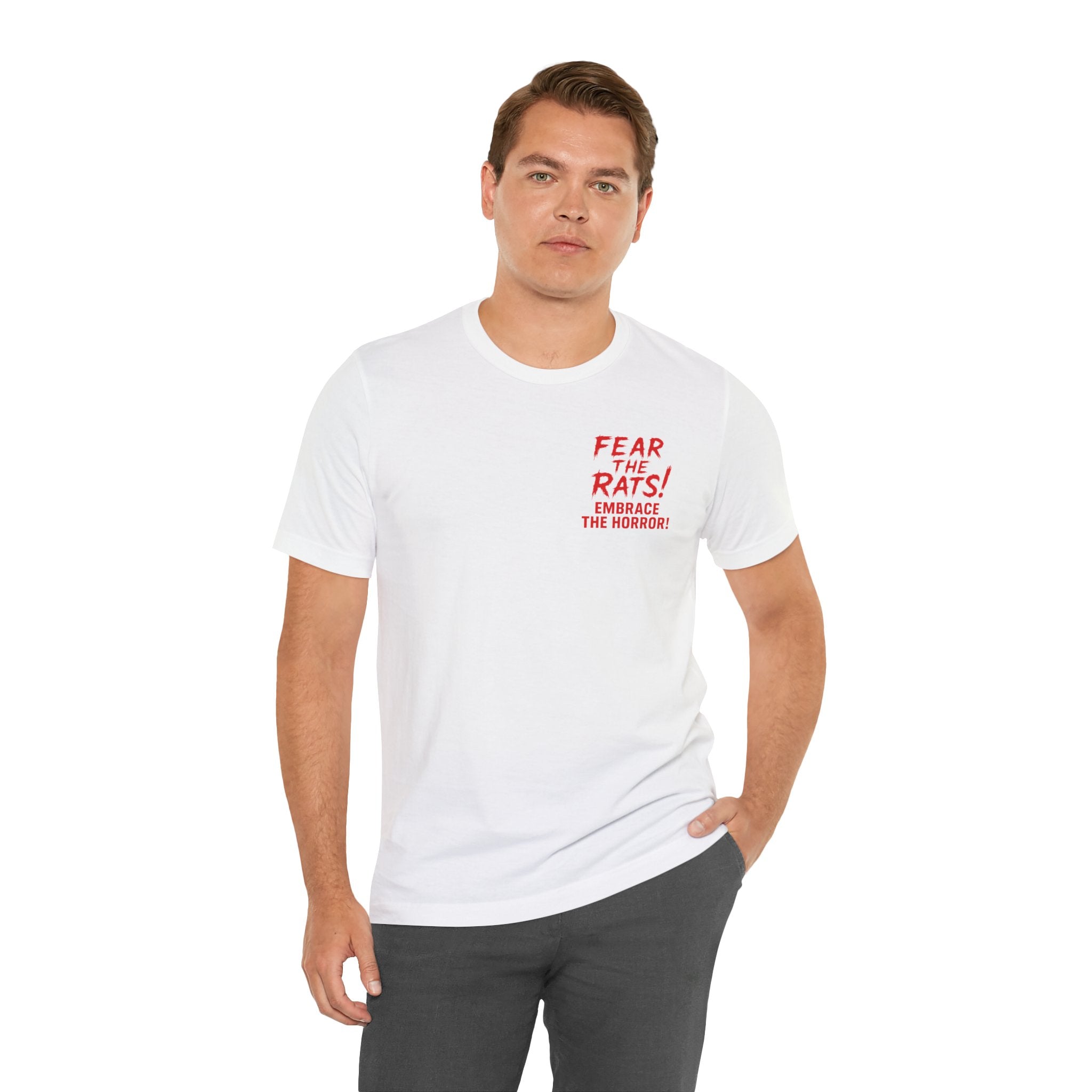 RTS: "Fear the Rats! Embrace the Horror!" - Small Logo (RATS! Logo - Back Side) - Unisex Jersey Short Sleeve Lightweight Tee (White)