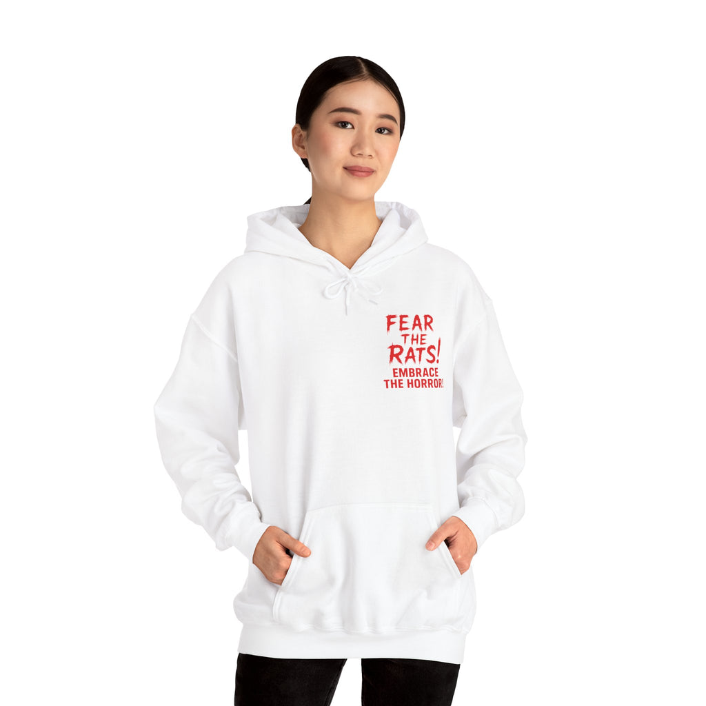 RHD: "Fear the Rats! Embrace the Horror!" Small Logo (RATS! Logo - Back Side) - Unisex Hoodie (White)