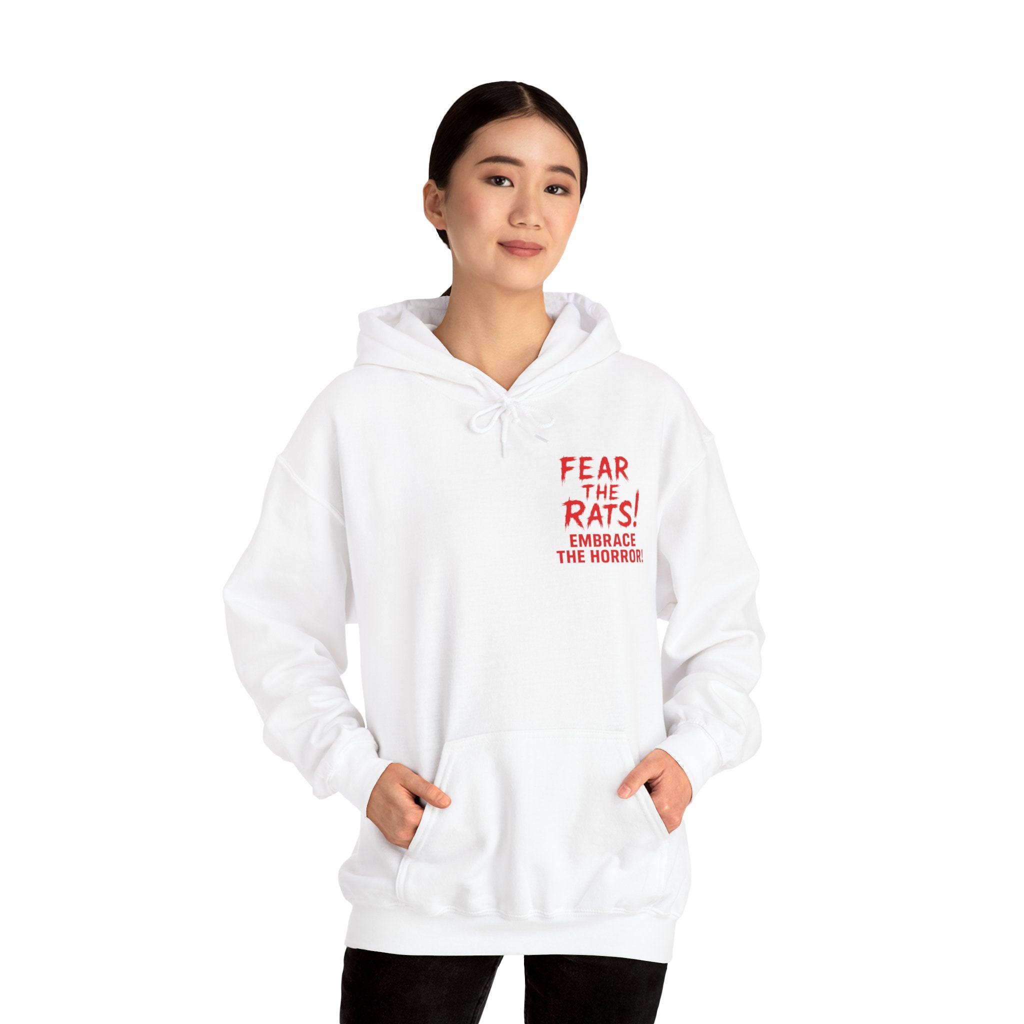 RHD: "Fear the Rats! Embrace the Horror!" Small Logo (RATS! Logo - Back Side) - Unisex Hoodie (White)