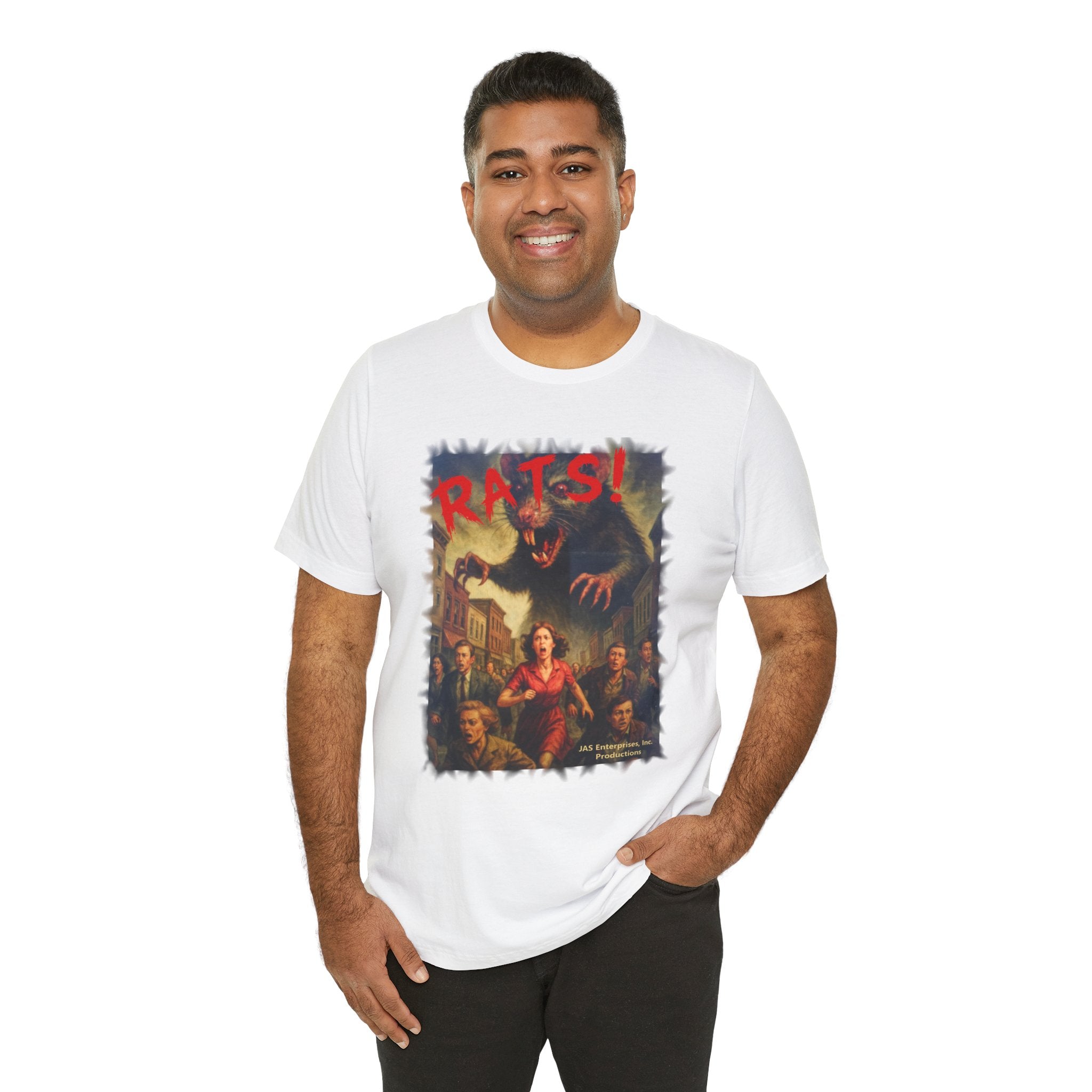 RTS: "RATS" Logo (Fear the Rats! Embrace the Horror! - Back Side) - Unisex Jersey Short Sleeve Lightweight Tee (White)