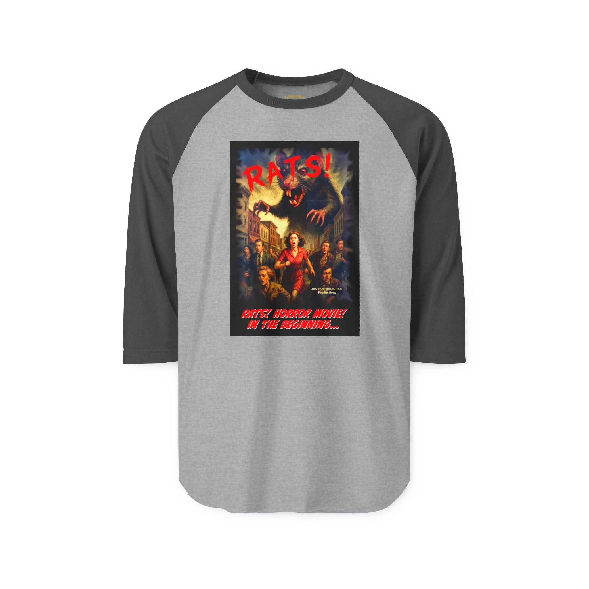 RRS: "RATS!" Movie Title Logo (Black Background) - Unisex Three-Quarter Sleeve Raglan Shirt