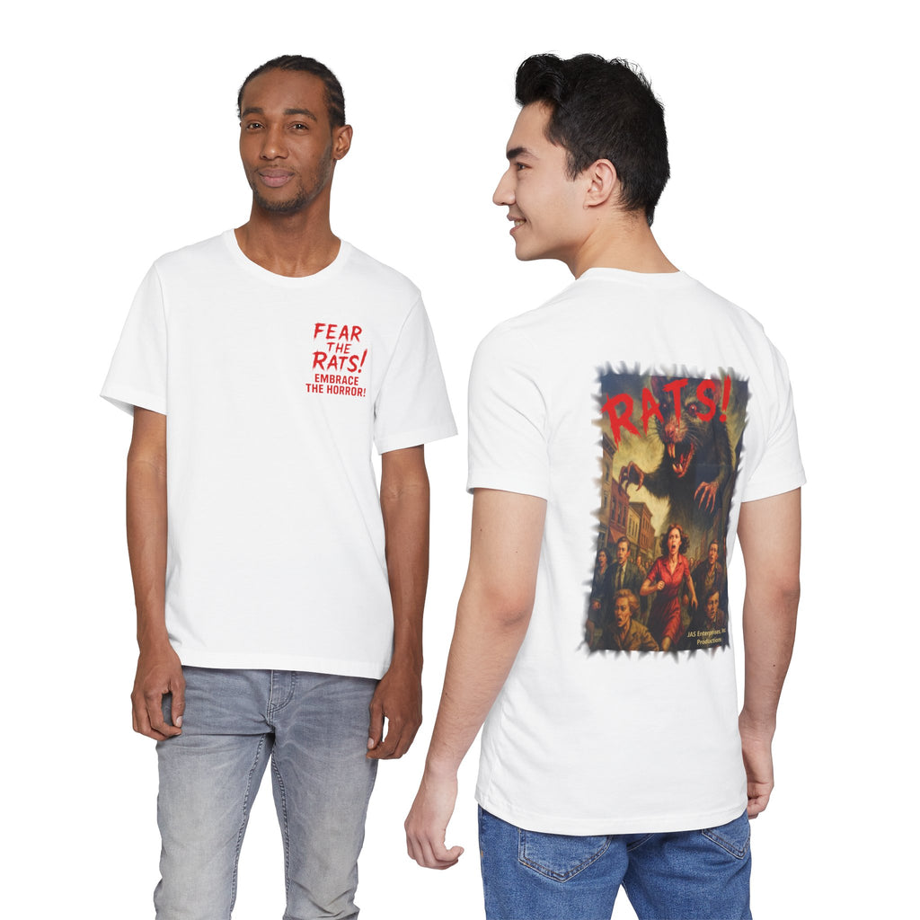 RTS: "Fear the Rats! Embrace the Horror!" - Small Logo (RATS! Logo - Back Side) - Unisex Jersey Short Sleeve Lightweight Tee (White)