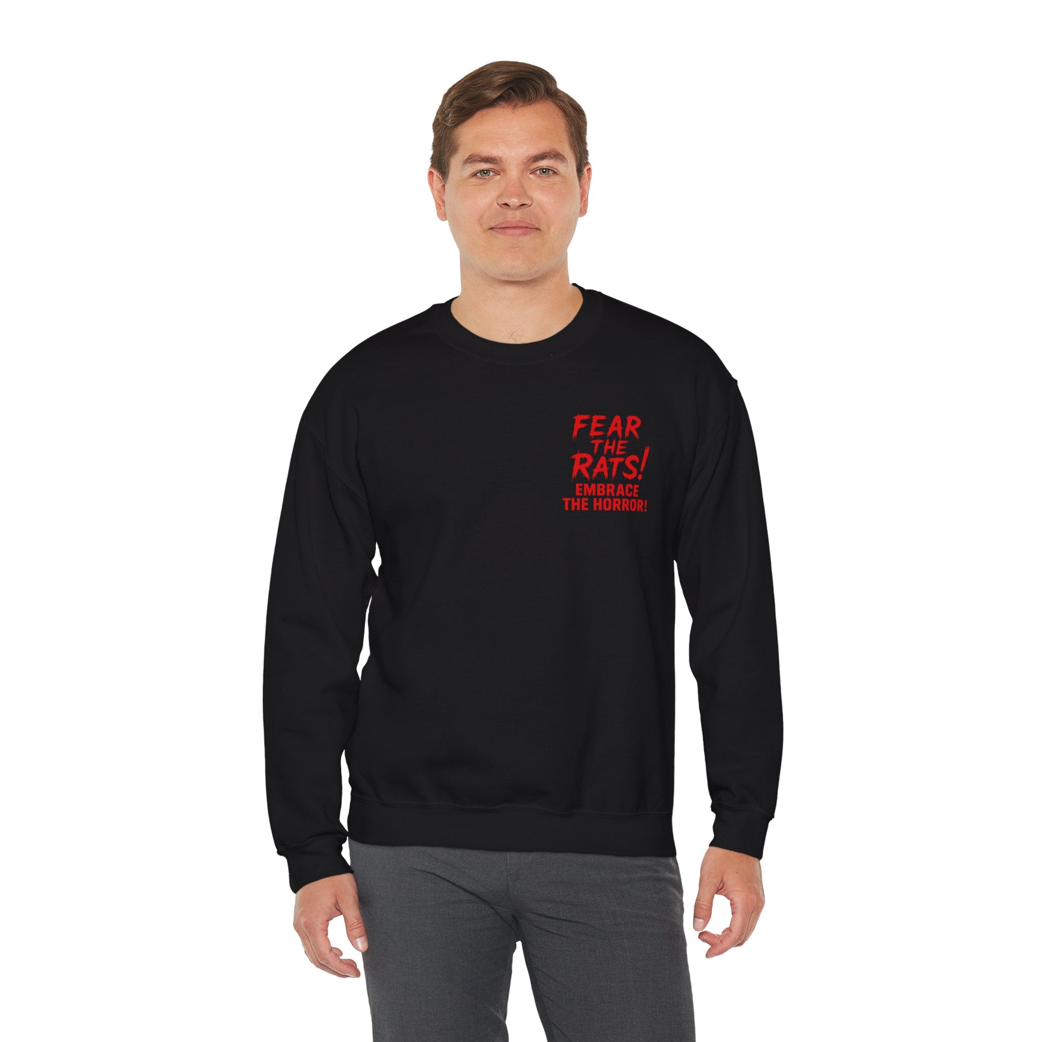 RSS: "Fear the Rats! Embrace the Horror!" Small Logo (RATS! Logo - Back Side) - Unisex Crewneck Sweatshirt (Black)