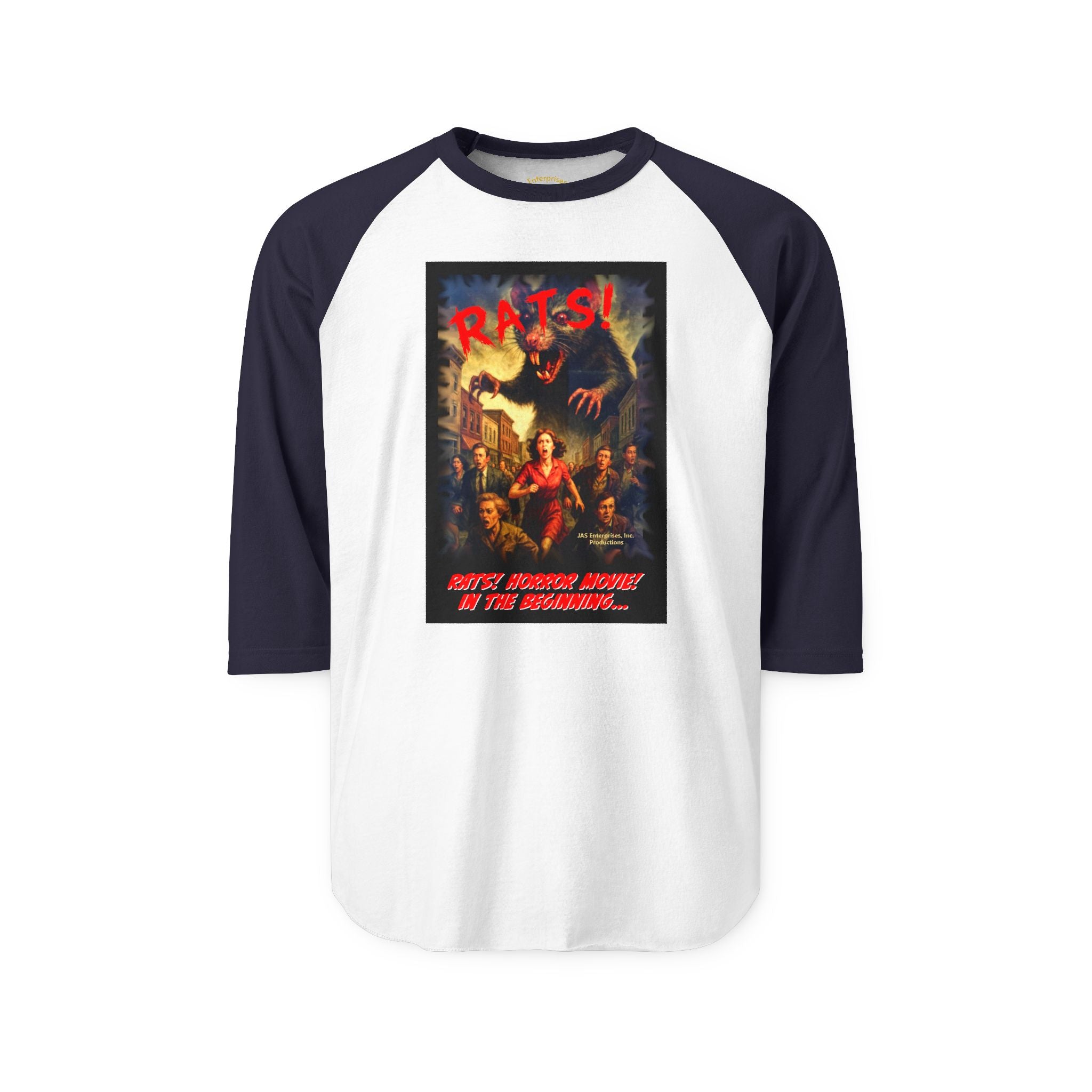 RRS: "RATS!" Movie Title Logo (Black Background) - Unisex Three-Quarter Sleeve Raglan Shirt