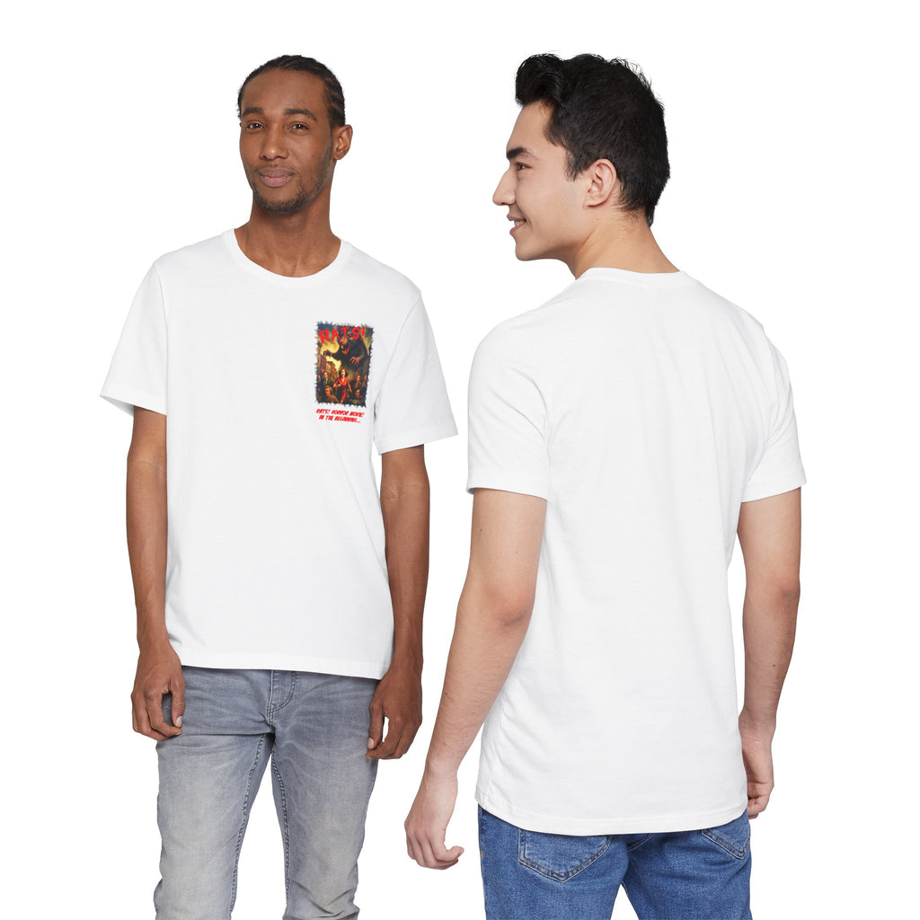 RTS: "RATS!" Small Movie Title Logo (Front) - Unisex Jersey Short Sleeve Lightweight Tee (White)