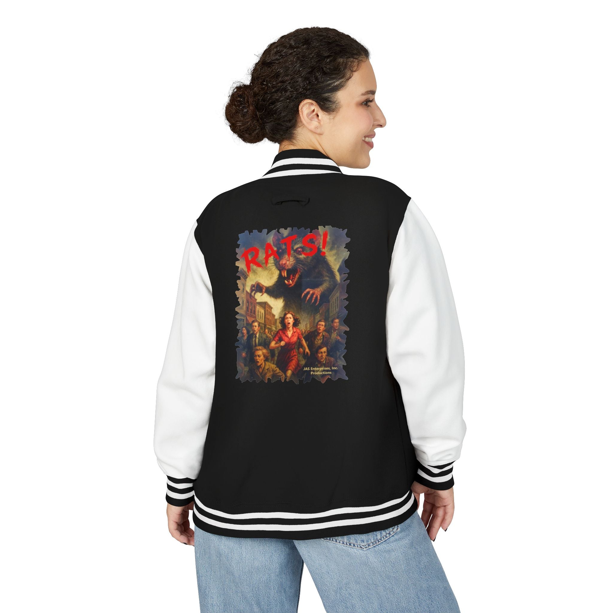RJK: "RATS!" Logo - Unisex Heavyweight Letterman Jacket (Black/White)