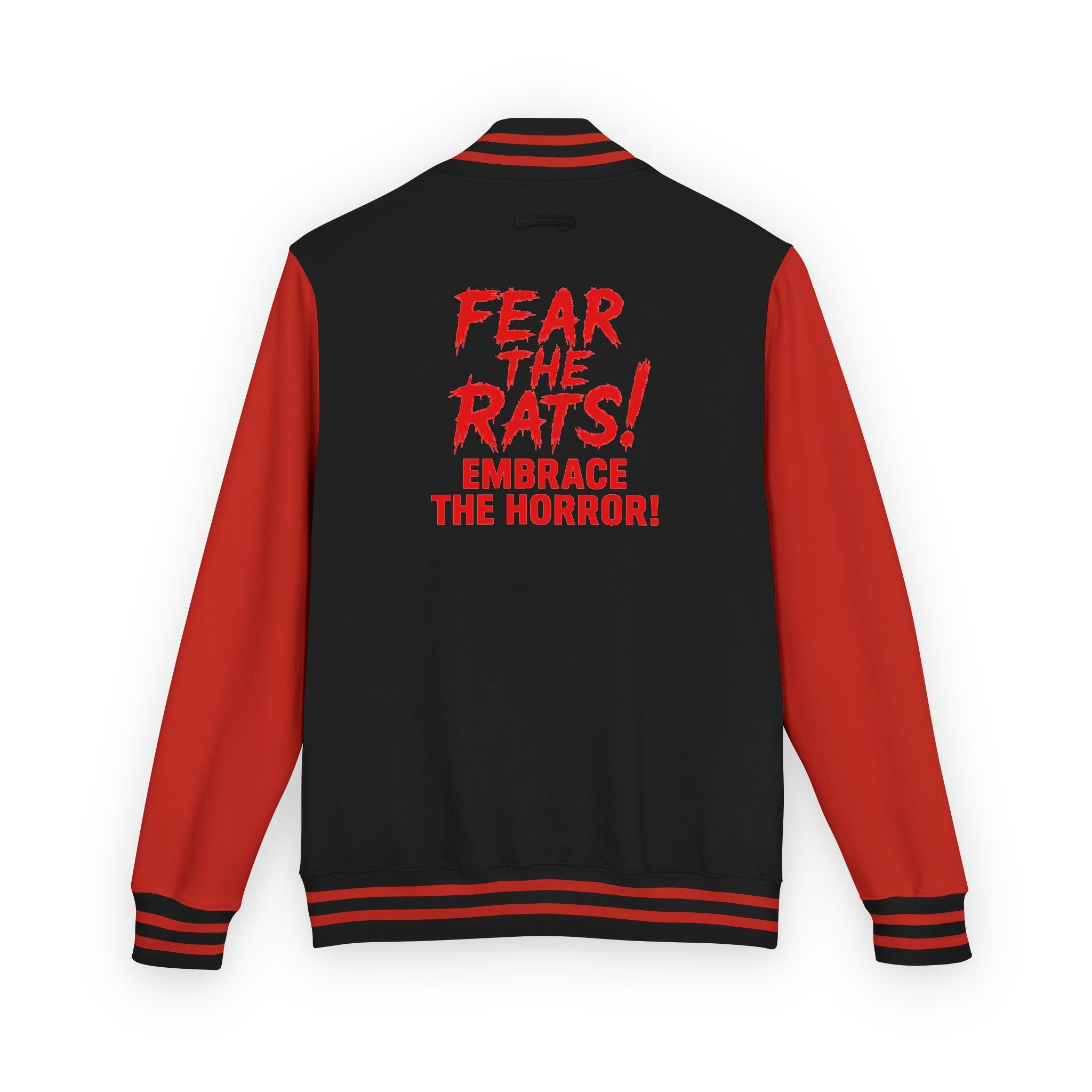 RJK: "Fear the Rats! Embrace the Horror!" - Unisex Heavyweight Letterman Jacket (Black/Red)