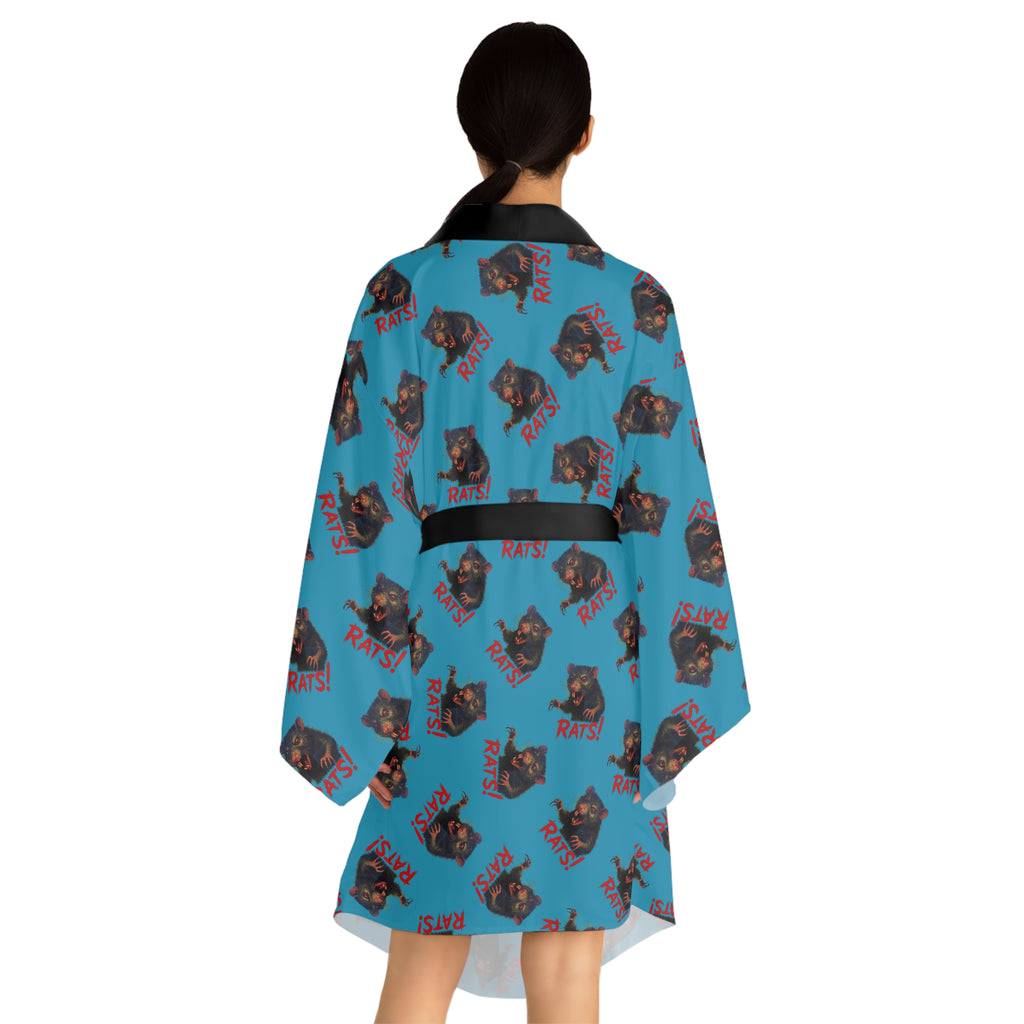 RRB: "RAT" (Multi) - Long Sleeve Kimono Robe - Turquoise with Black Edge & Belt