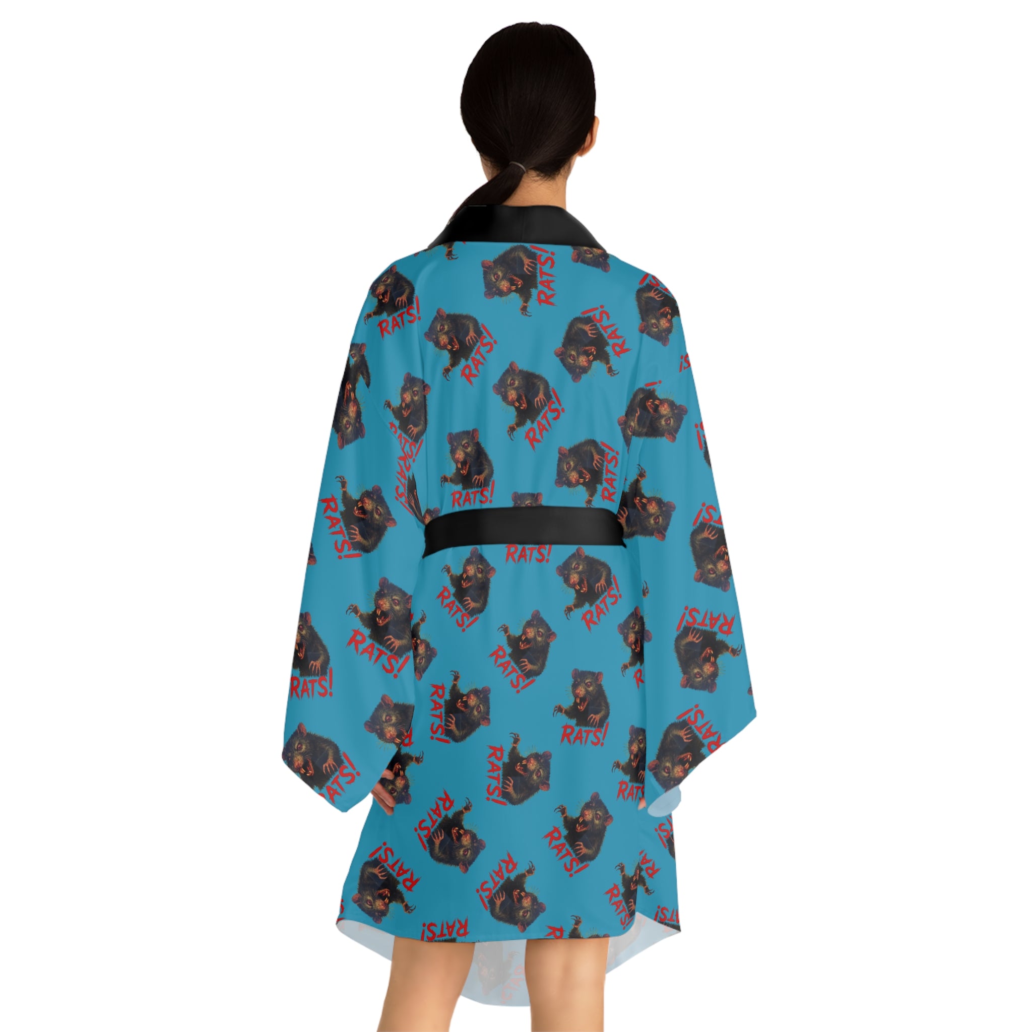 RRB: "RAT" (Multi) - Long Sleeve Kimono Robe - Turquoise with Black Edge & Belt