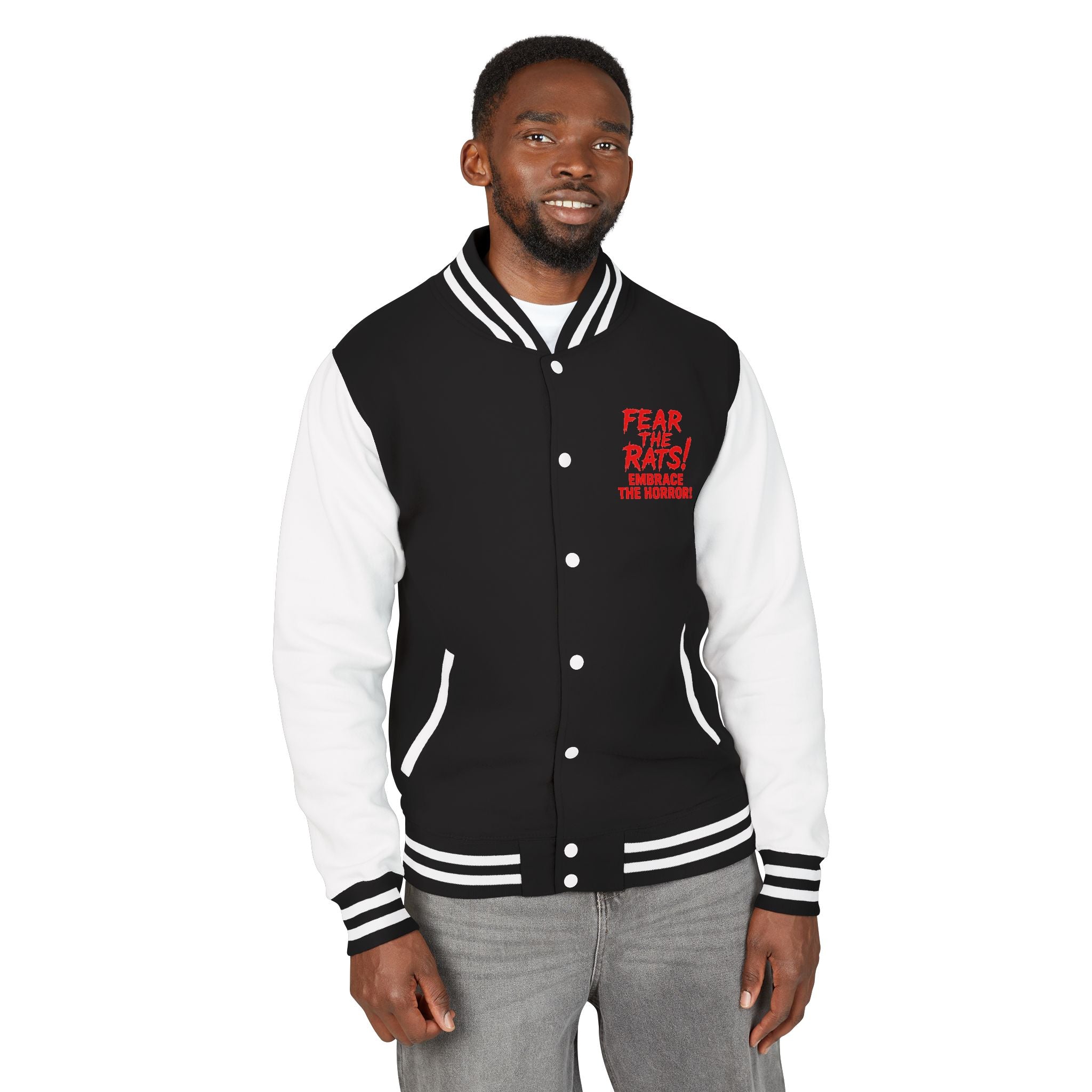 RJK: "RATS!" Logo - Unisex Heavyweight Letterman Jacket (Black/White)