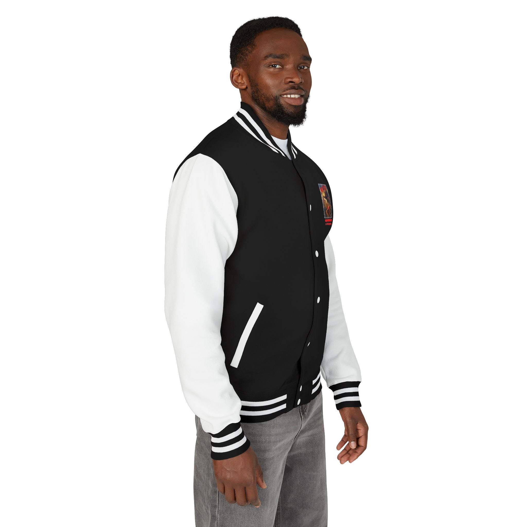 RJK: "RATS!" Small Logo (Front) - Unisex Heavyweight Letterman Jacket (Black/White)