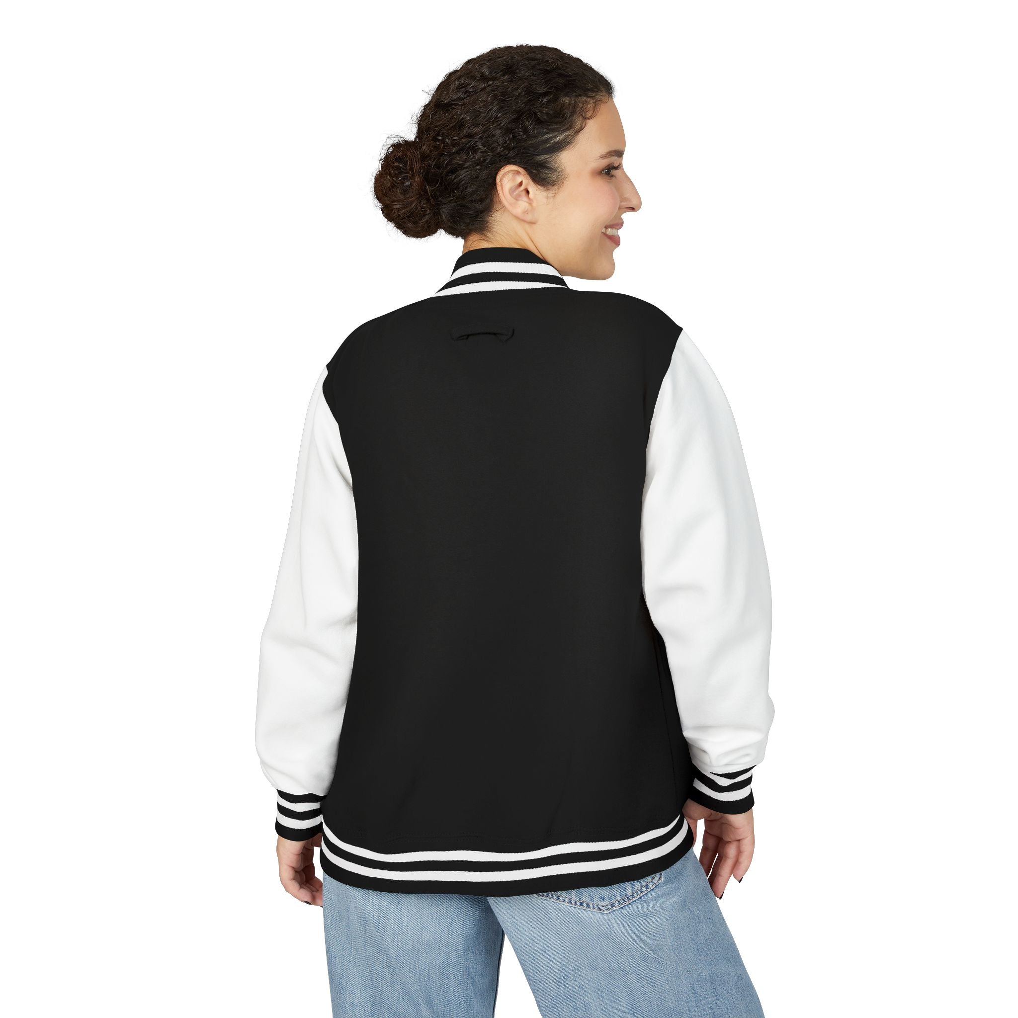 RJK: "RATS!" Small Logo (Front) - Unisex Heavyweight Letterman Jacket (Black/White)