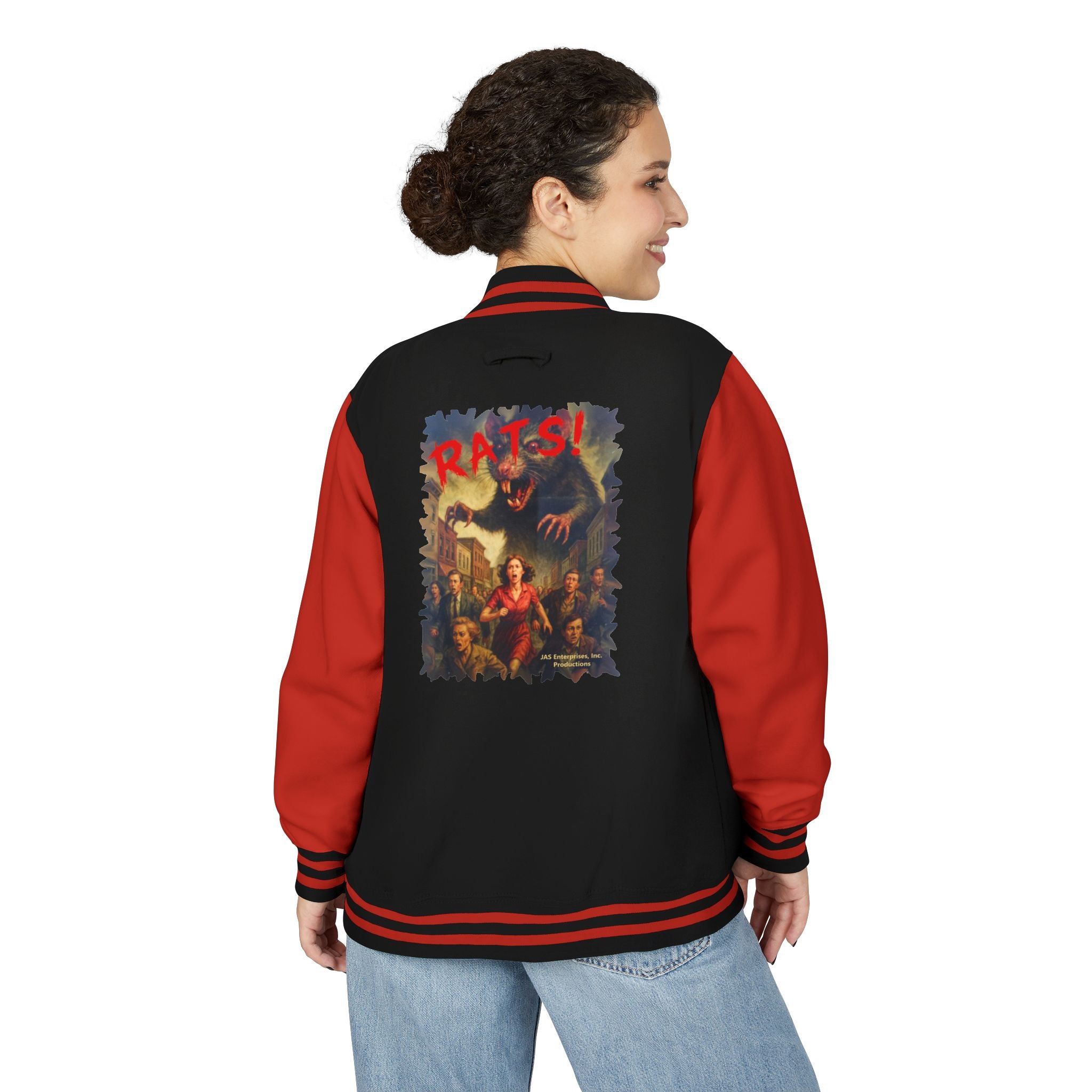 RJK: "RATS!" Logo - Unisex Heavyweight Letterman Jacket (Black/Red)