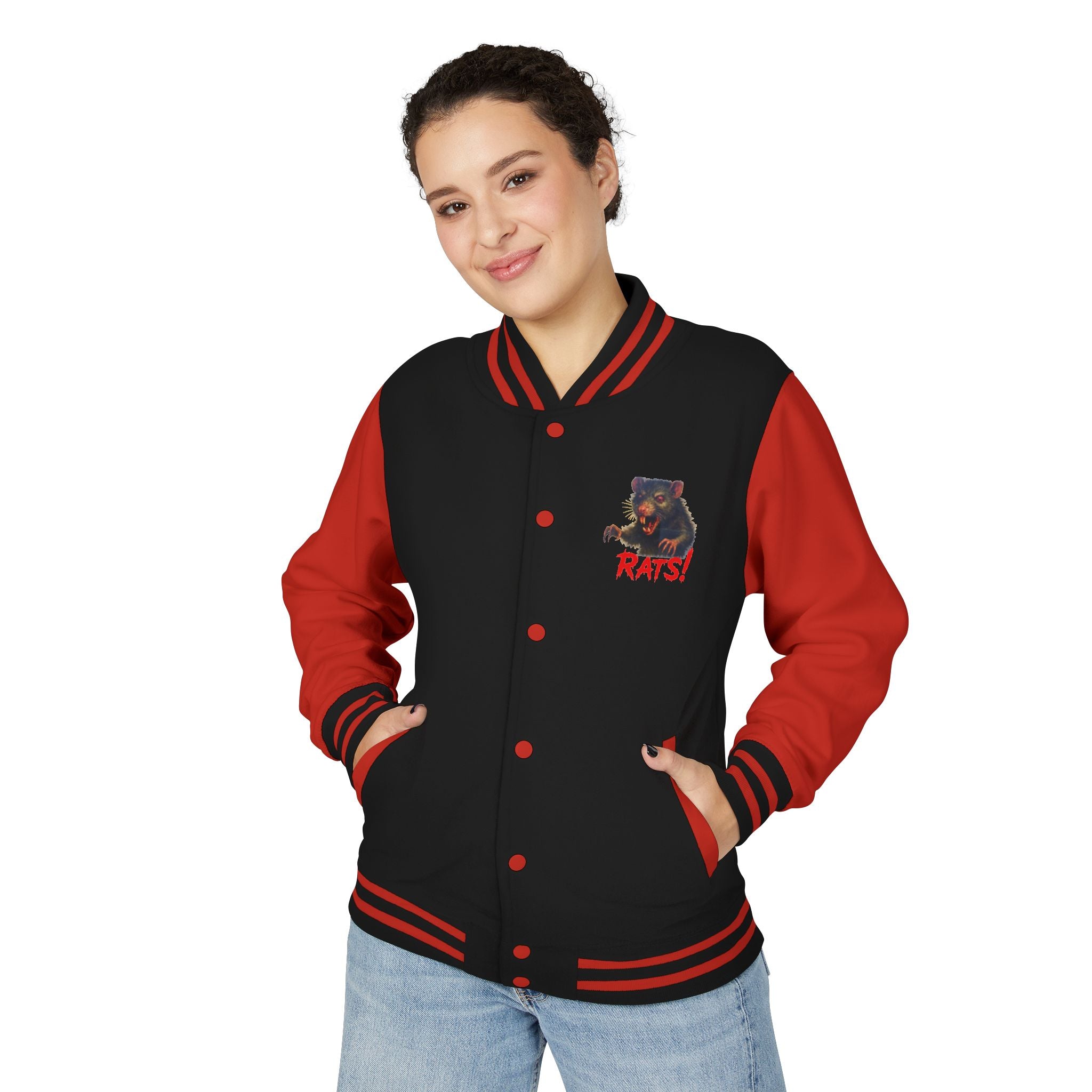 RJK: "Fear the Rats! Embrace the Horror!" - Unisex Heavyweight Letterman Jacket (Black/Red)