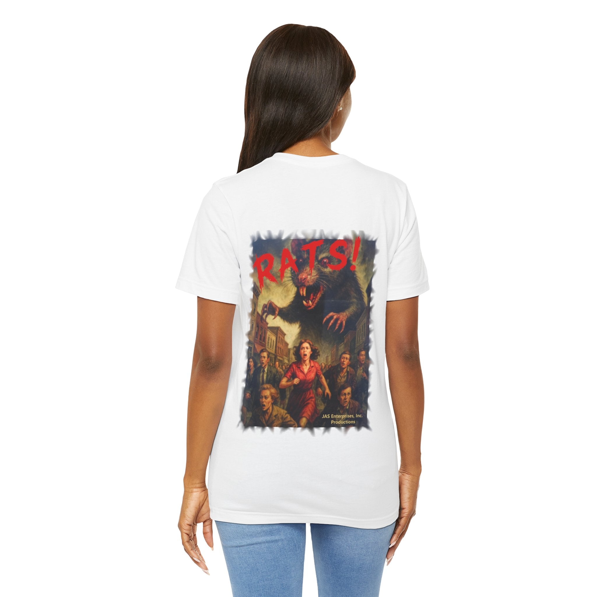 RTS: "Fear the Rats! Embrace the Horror!" (RATS! Logo - Back Side) - Unisex Jersey Short Sleeve Lightweight Tee (White)