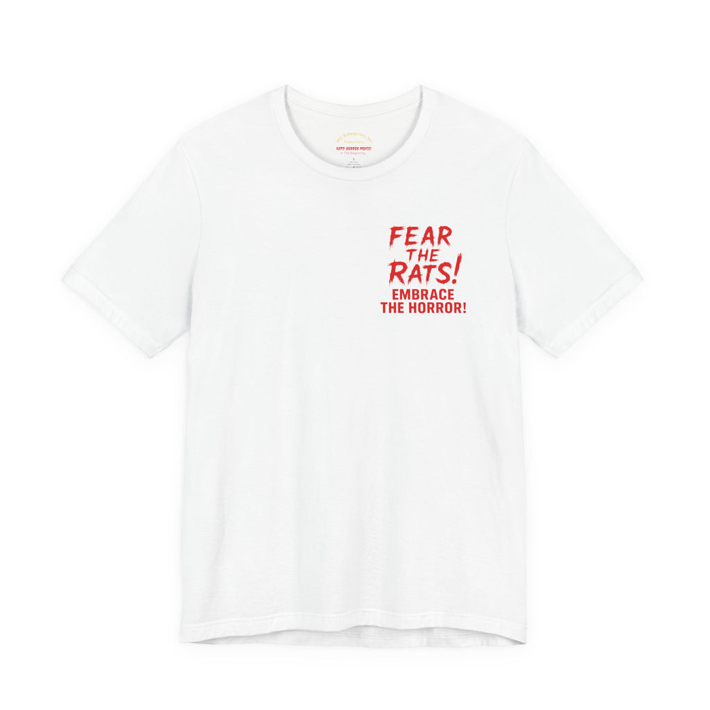 RTS: "Fear the Rats! Embrace the Horror!" - Small Logo (RATS! Logo - Back Side) - Unisex Jersey Short Sleeve Lightweight Tee (White)