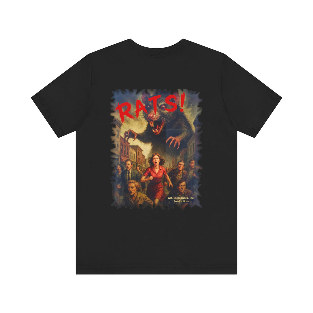 RTS: "Fear the Rats! Embrace the Horror!" - Small Logo (RATS! Logo - Back Side) - Unisex Jersey Short Sleeve Lightweight Tee (Black)