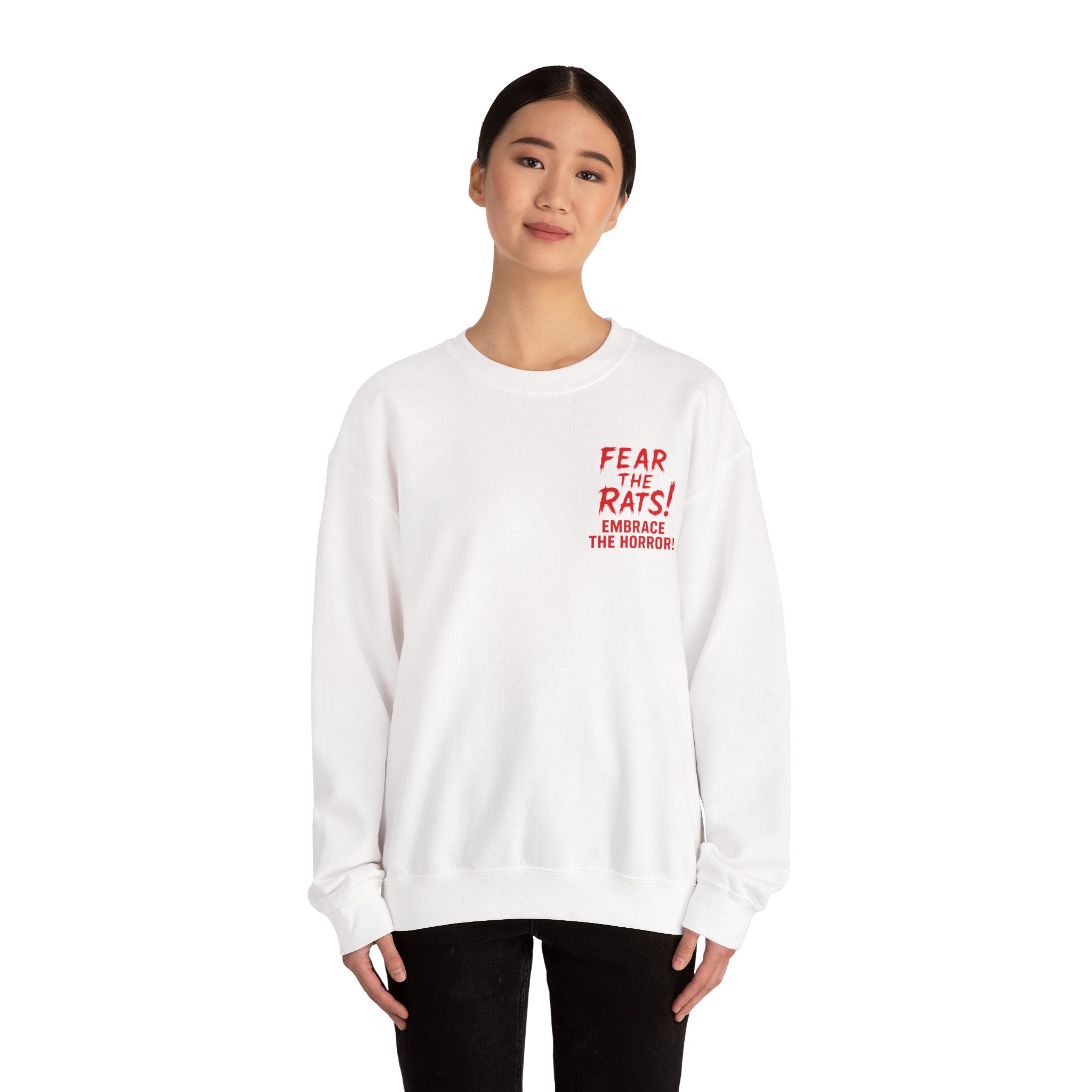 RSS: "Fear the Rats! Embrace the Horror!" Small Logo (RATS! Logo - Back Side) - Unisex Crewneck Sweatshirt (White)