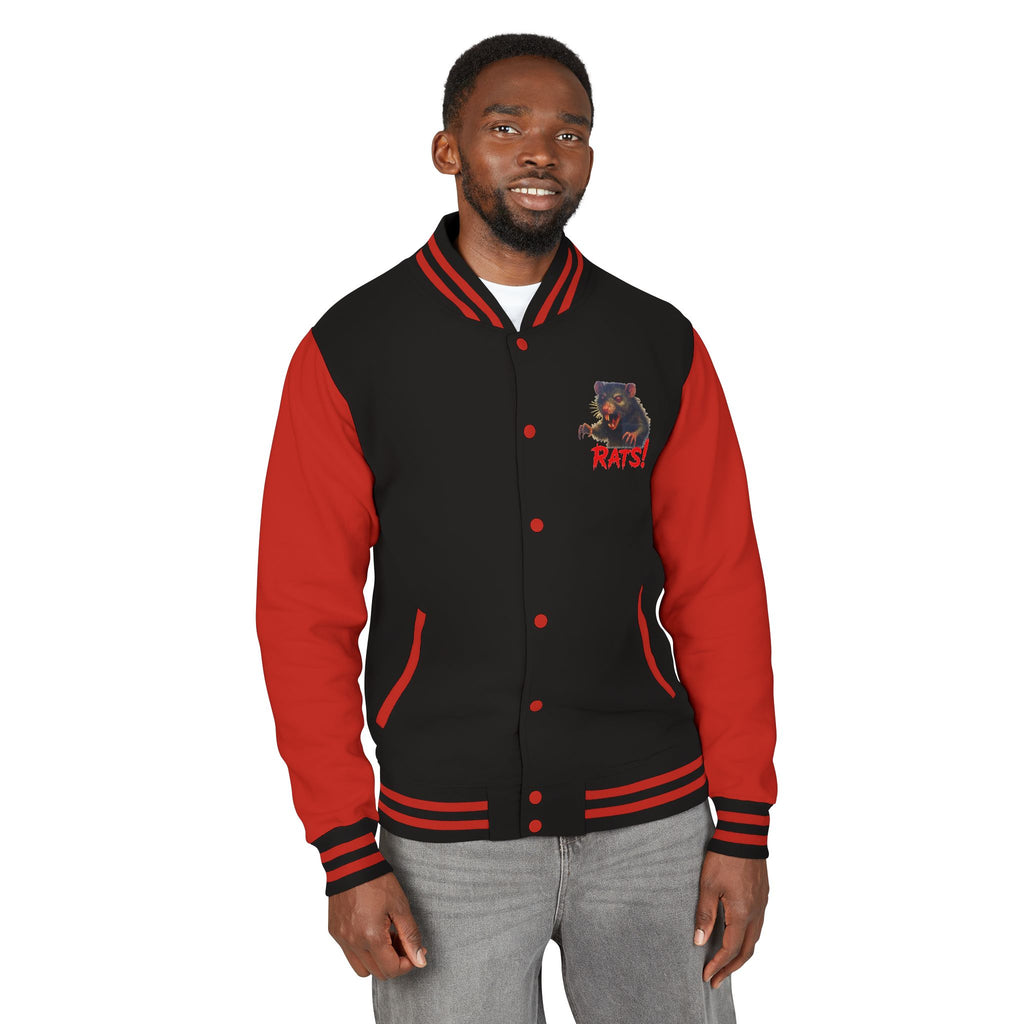 RJK: "Fear the Rats! Embrace the Horror!" - Unisex Heavyweight Letterman Jacket (Black/Red)