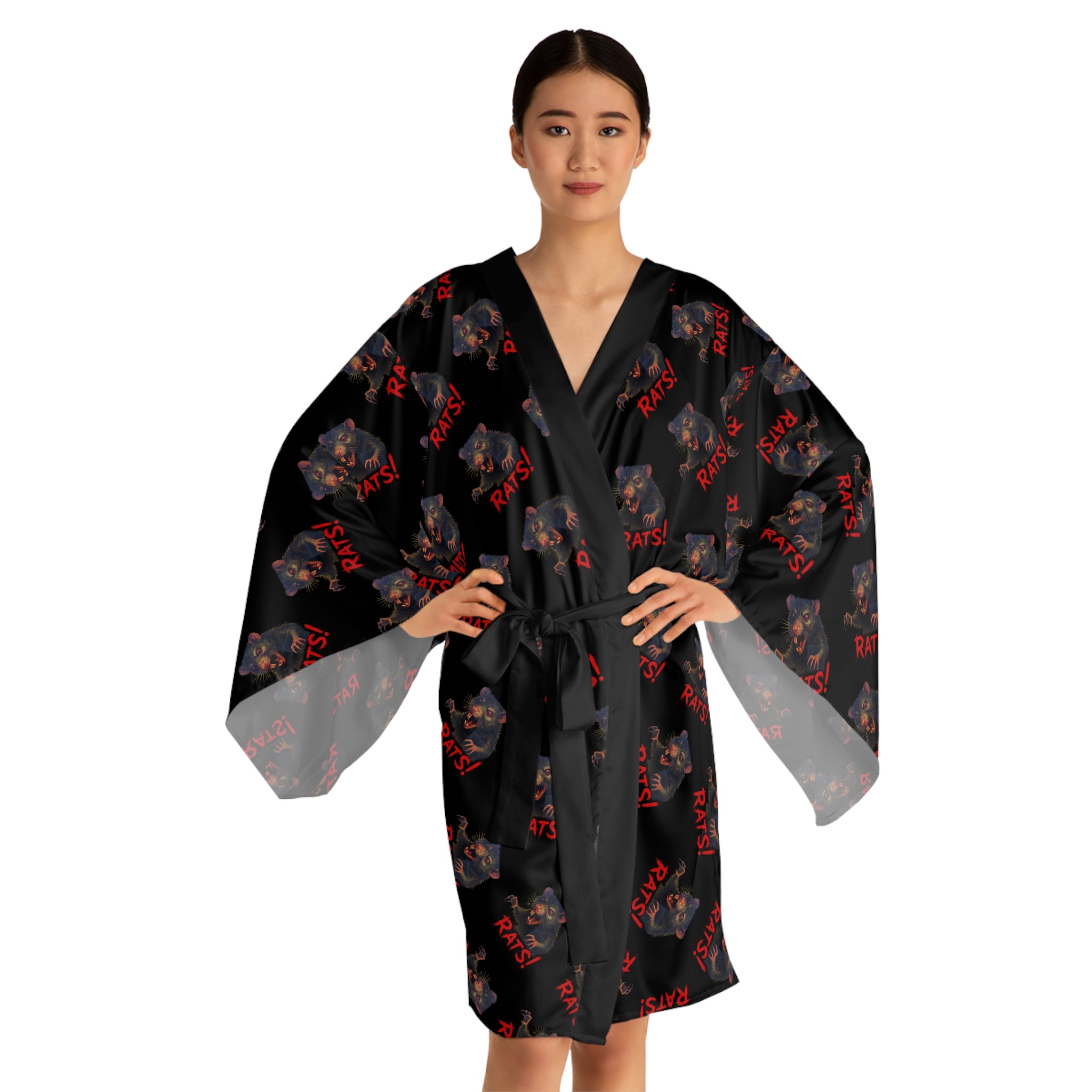 RRB: "RAT" (Multi) - Long Sleeve Kimono Robe - Black with Black Edge & Belt