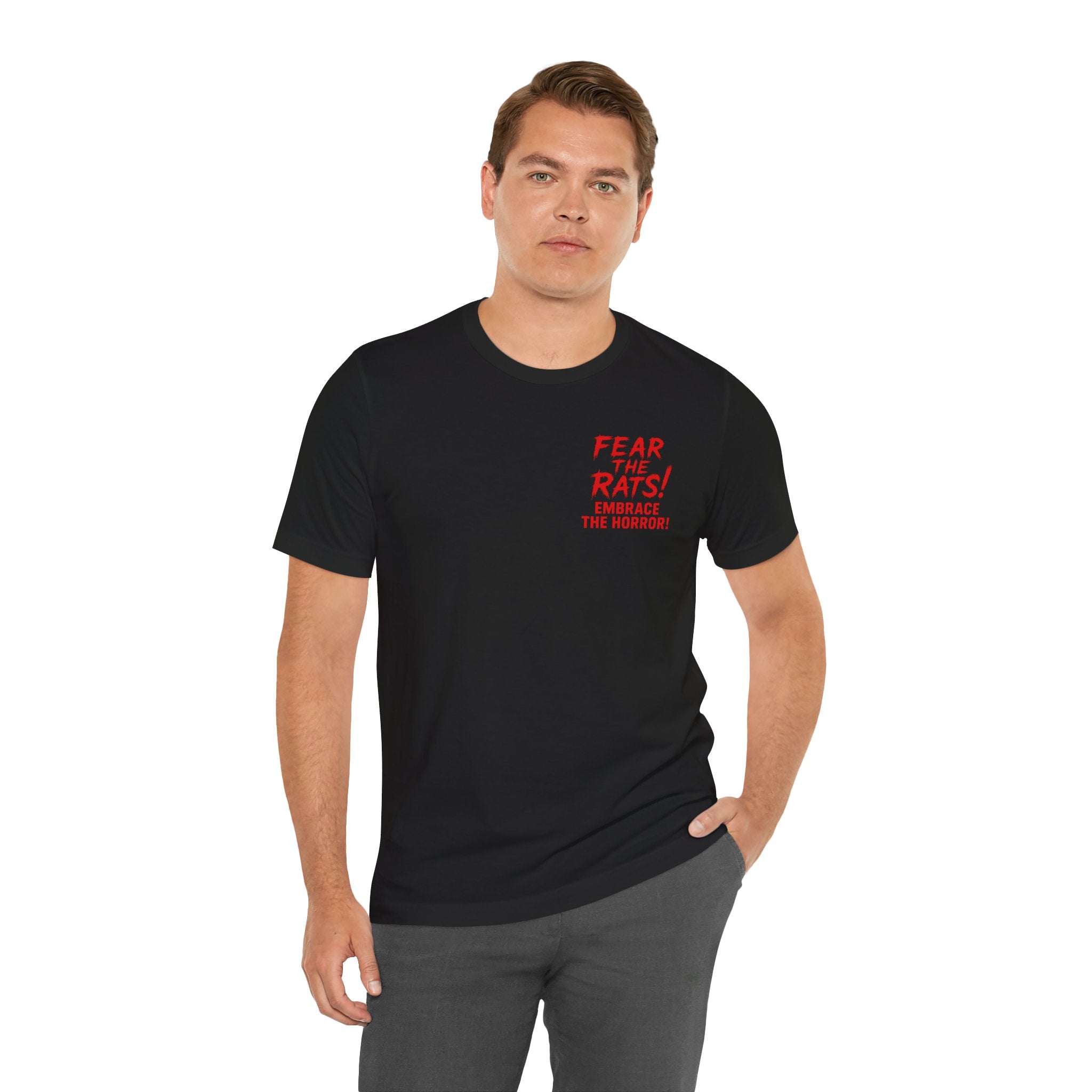 RTS: "Fear the Rats! Embrace the Horror!" - Small Logo (RATS! Logo - Back Side) - Unisex Jersey Short Sleeve Lightweight Tee (Black)