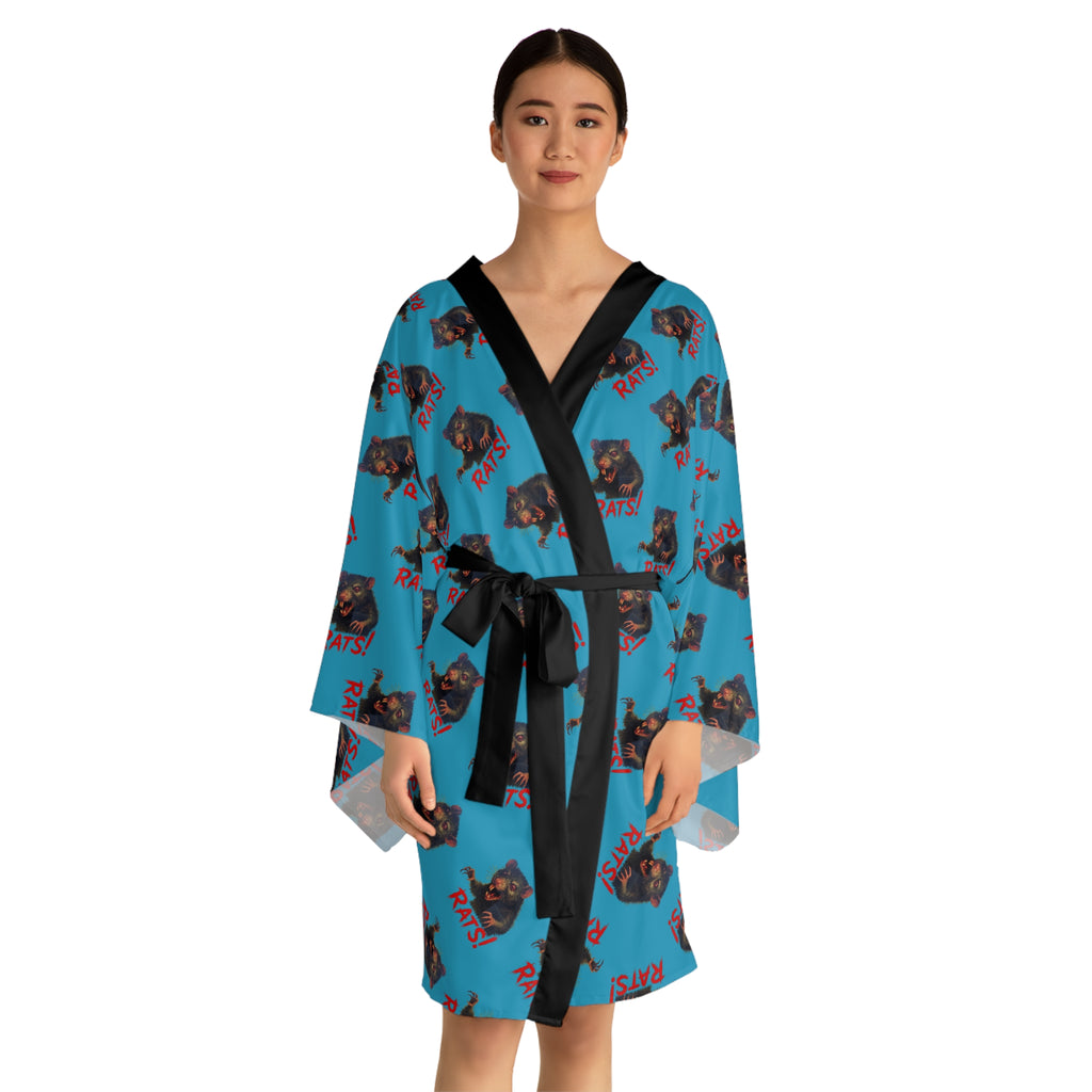 RRB: "RAT" (Multi) - Long Sleeve Kimono Robe - Turquoise with Black Edge & Belt