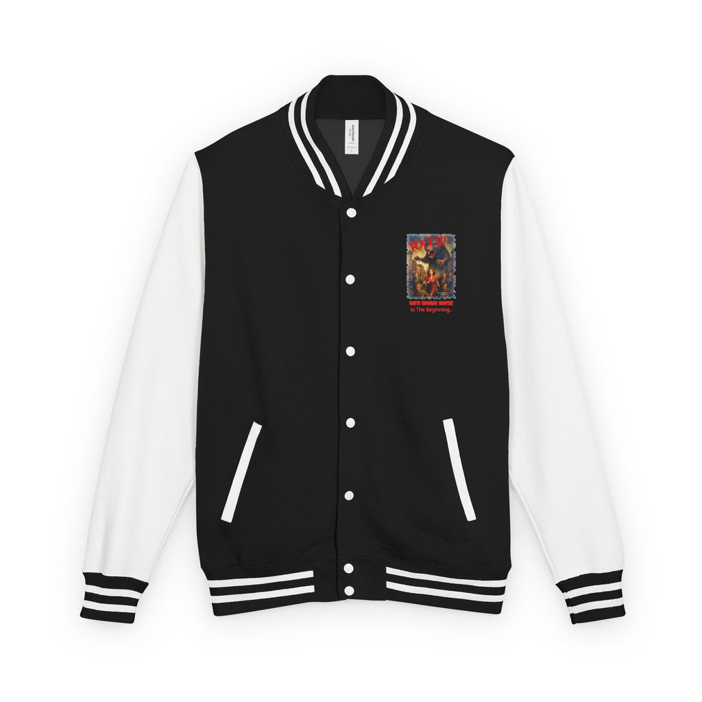 RJK: "RATS!" Small Logo (Front) - Unisex Heavyweight Letterman Jacket (Black/White)