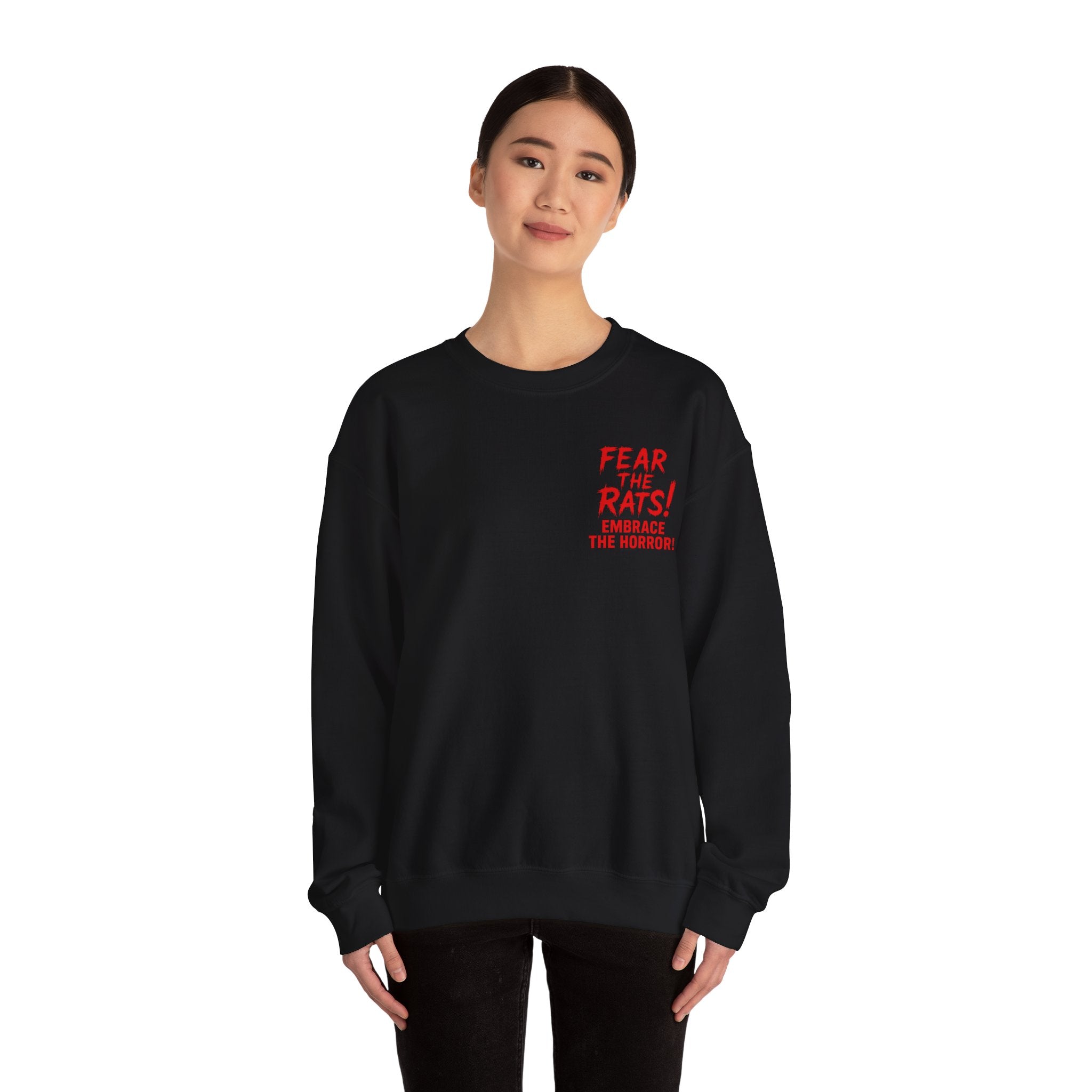 RSS: "Fear the Rats! Embrace the Horror!" Small Logo (RATS! Logo - Back Side) - Unisex Crewneck Sweatshirt (Black)