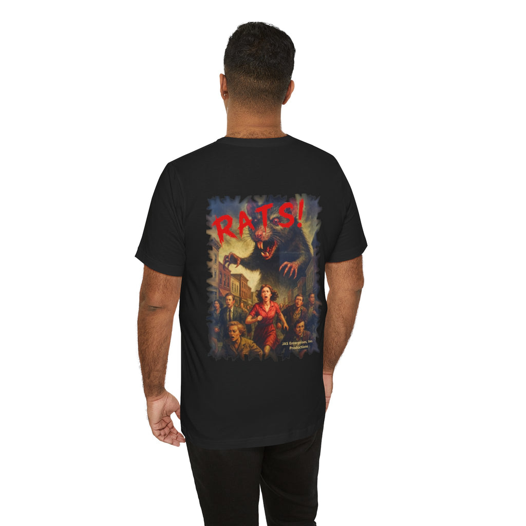 RTS: "Fear the Rats! Embrace the Horror!" - Small Logo (RATS! Logo - Back Side) - Unisex Jersey Short Sleeve Lightweight Tee (Black)