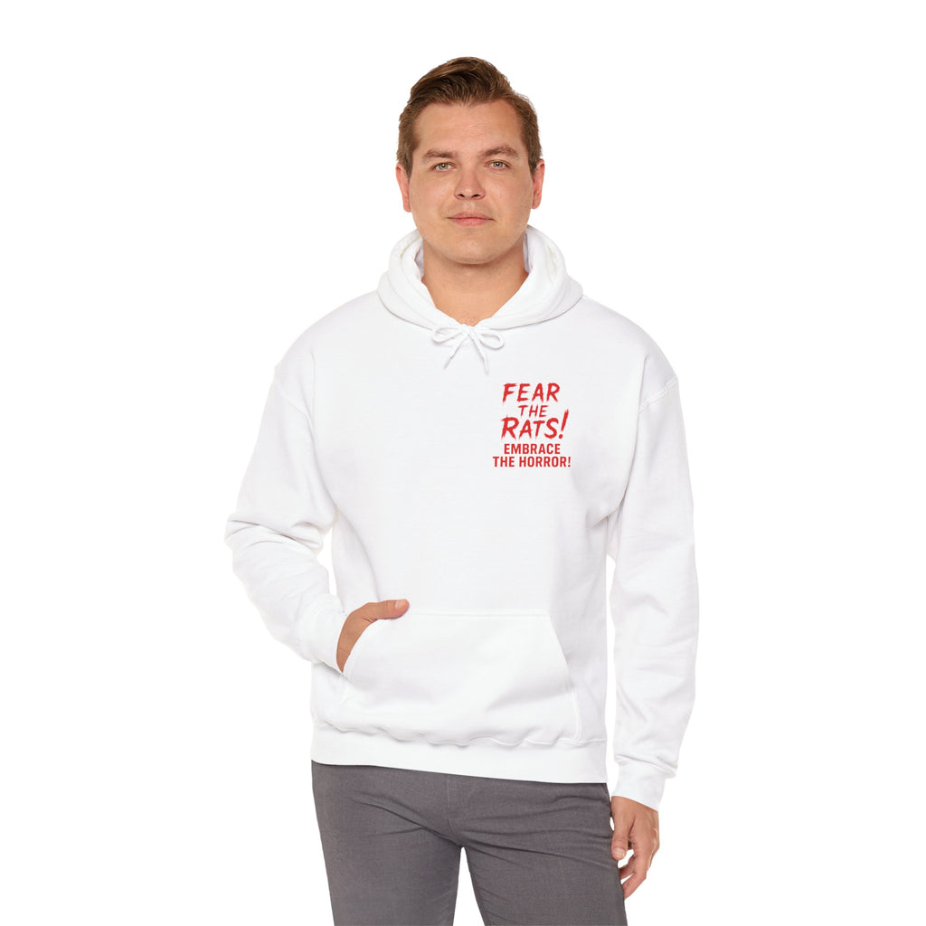 RHD: "Fear the Rats! Embrace the Horror!" Small Logo (RATS! Logo - Back Side) - Unisex Hoodie (White)