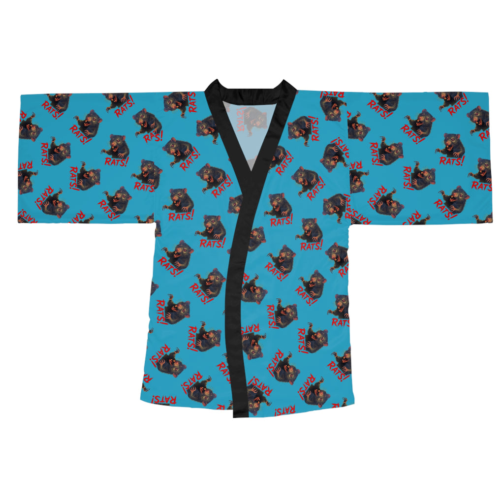 RRB: "RAT" (Multi) - Long Sleeve Kimono Robe - Turquoise with Black Edge & Belt
