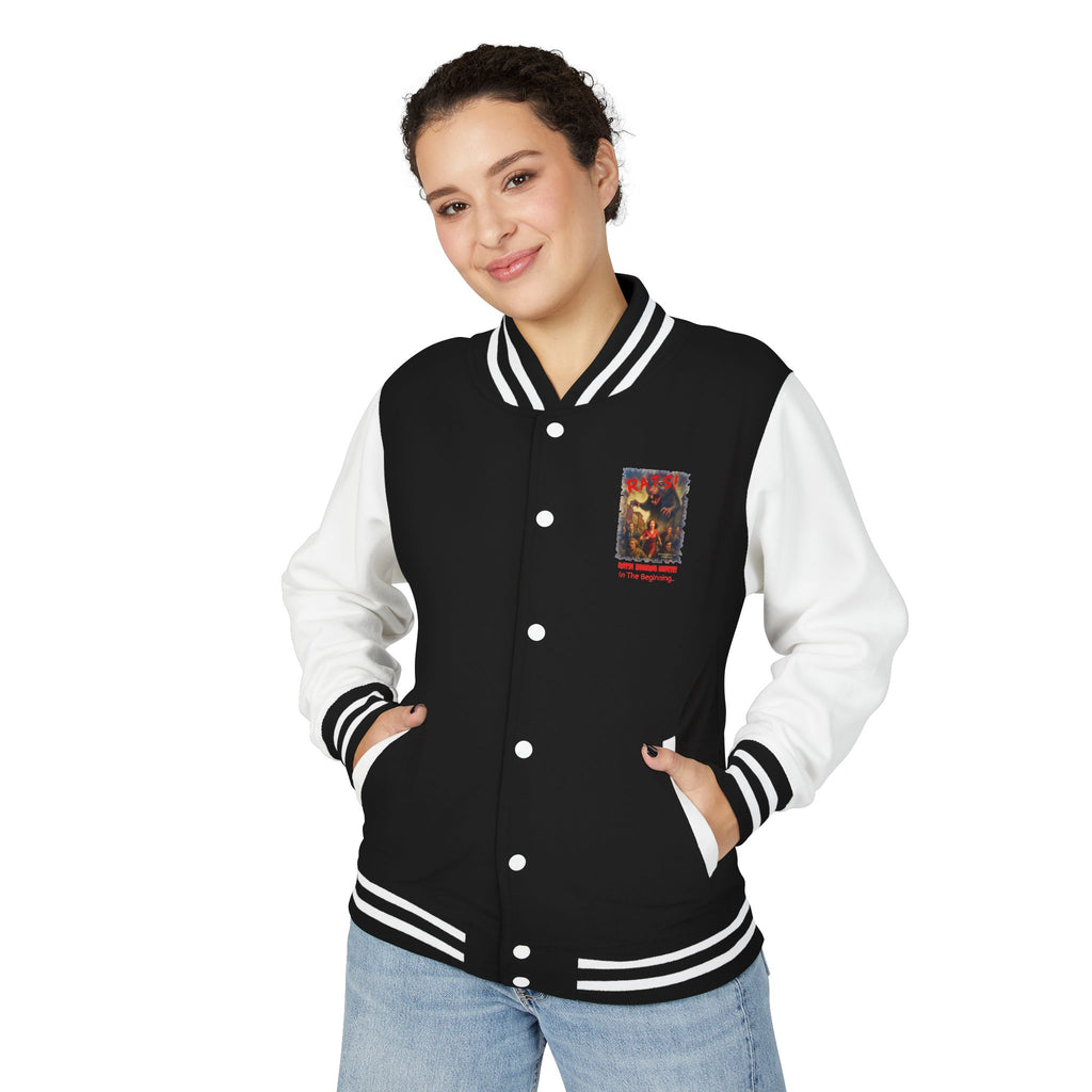 RJK: "RATS!" Small Logo (Front) - Unisex Heavyweight Letterman Jacket (Black/White)