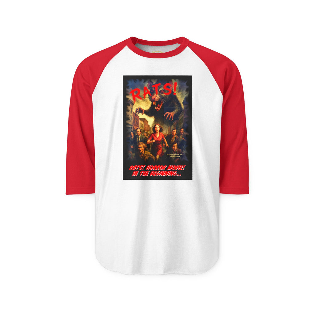 RRS: "RATS!" Movie Title Logo (Black Background) - Unisex Three-Quarter Sleeve Raglan Shirt