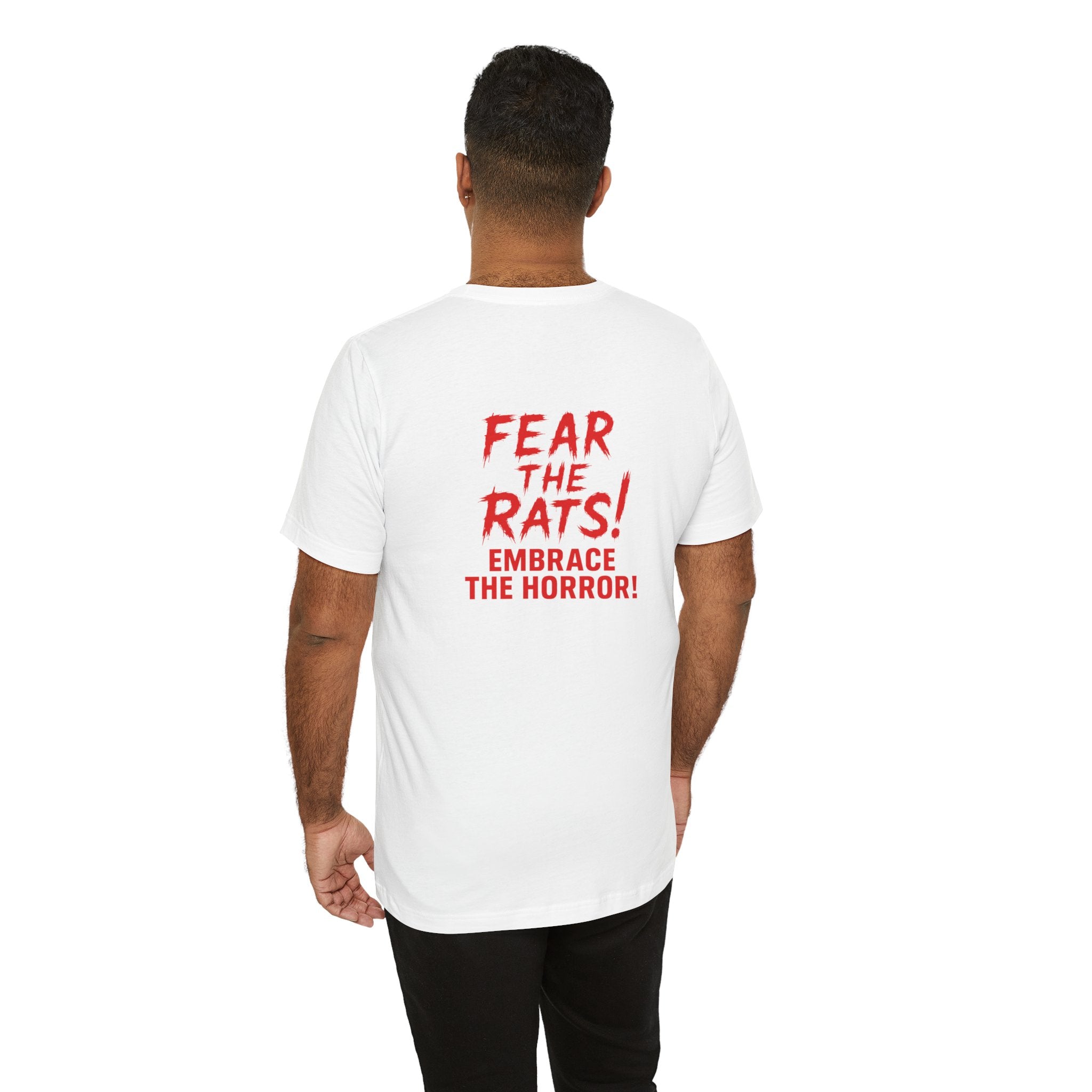 RTS: "RATS" Logo (Fear the Rats! Embrace the Horror! - Back Side) - Unisex Jersey Short Sleeve Lightweight Tee (White)