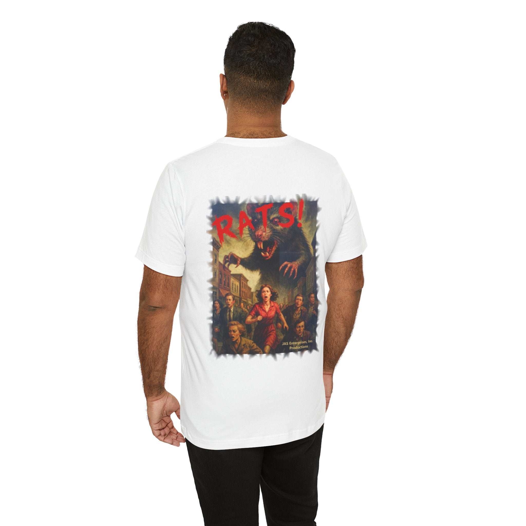 RTS: "Fear the Rats! Embrace the Horror!" - Small Logo (RATS! Logo - Back Side) - Unisex Jersey Short Sleeve Lightweight Tee (White)