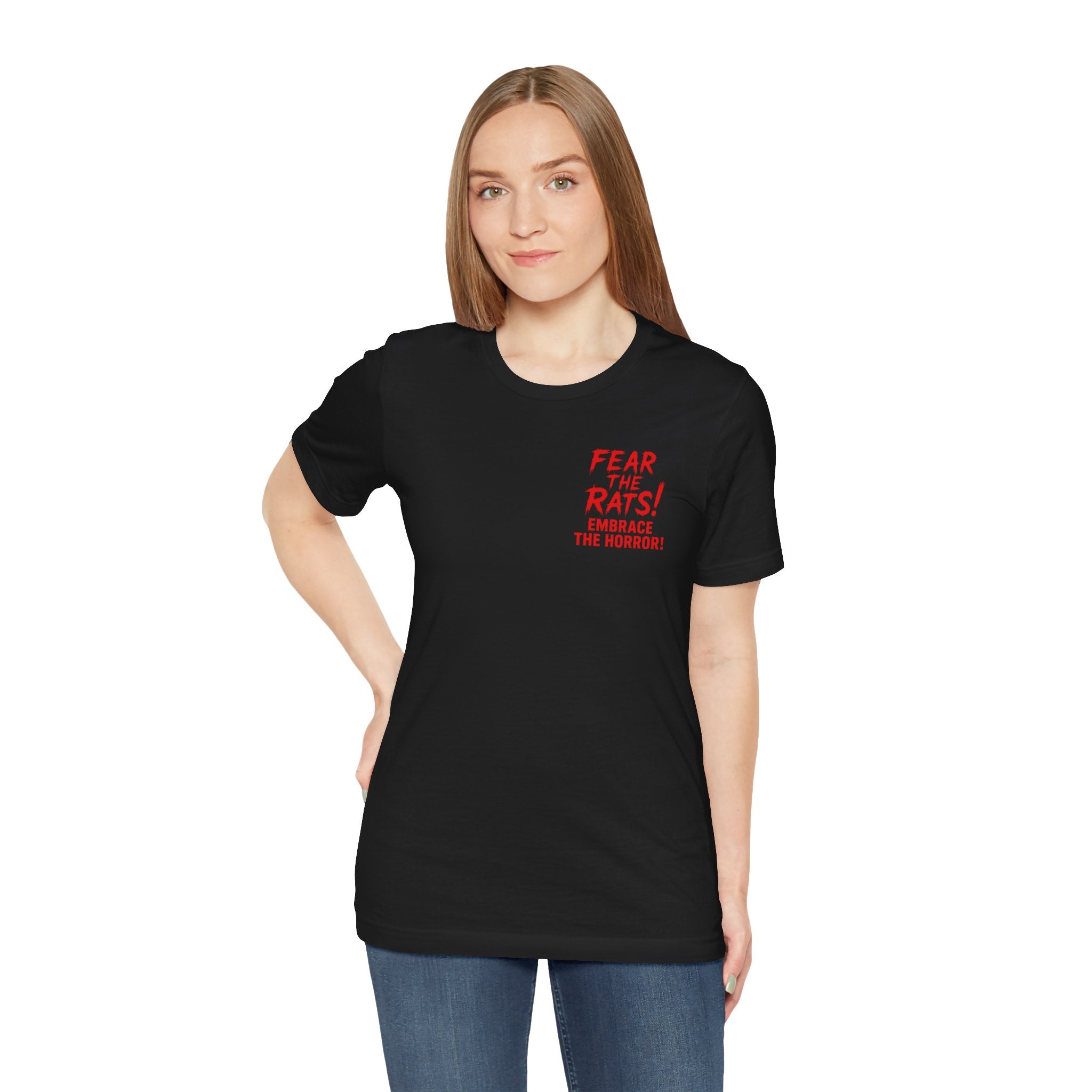 RTS: "Fear the Rats! Embrace the Horror!" - Small Logo (RATS! Logo - Back Side) - Unisex Jersey Short Sleeve Lightweight Tee (Black)