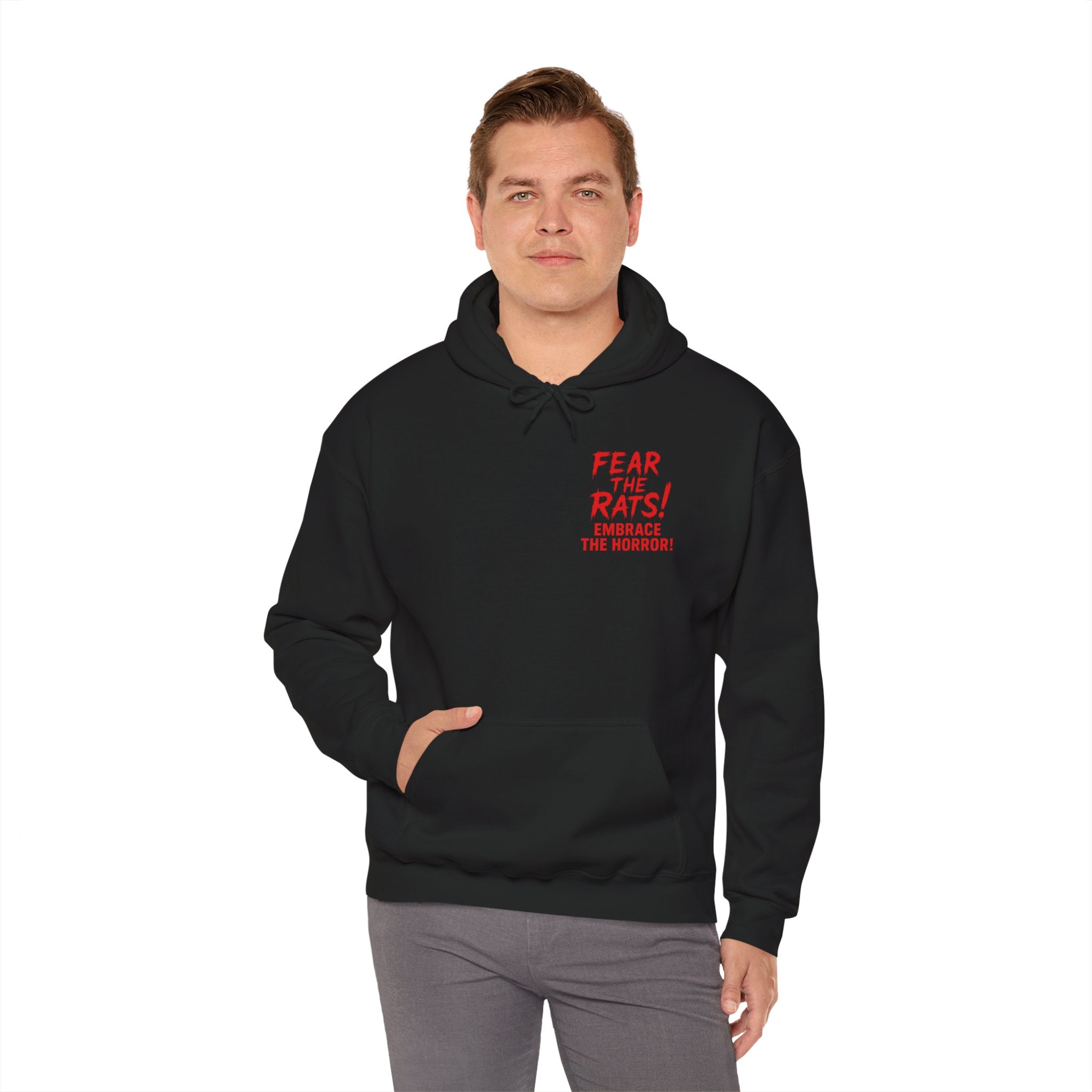 RHD: "Fear the Rats! Embrace the Horror!" Small Logo (RATS! Logo - Back Side) - Unisex Hoodie (Black)