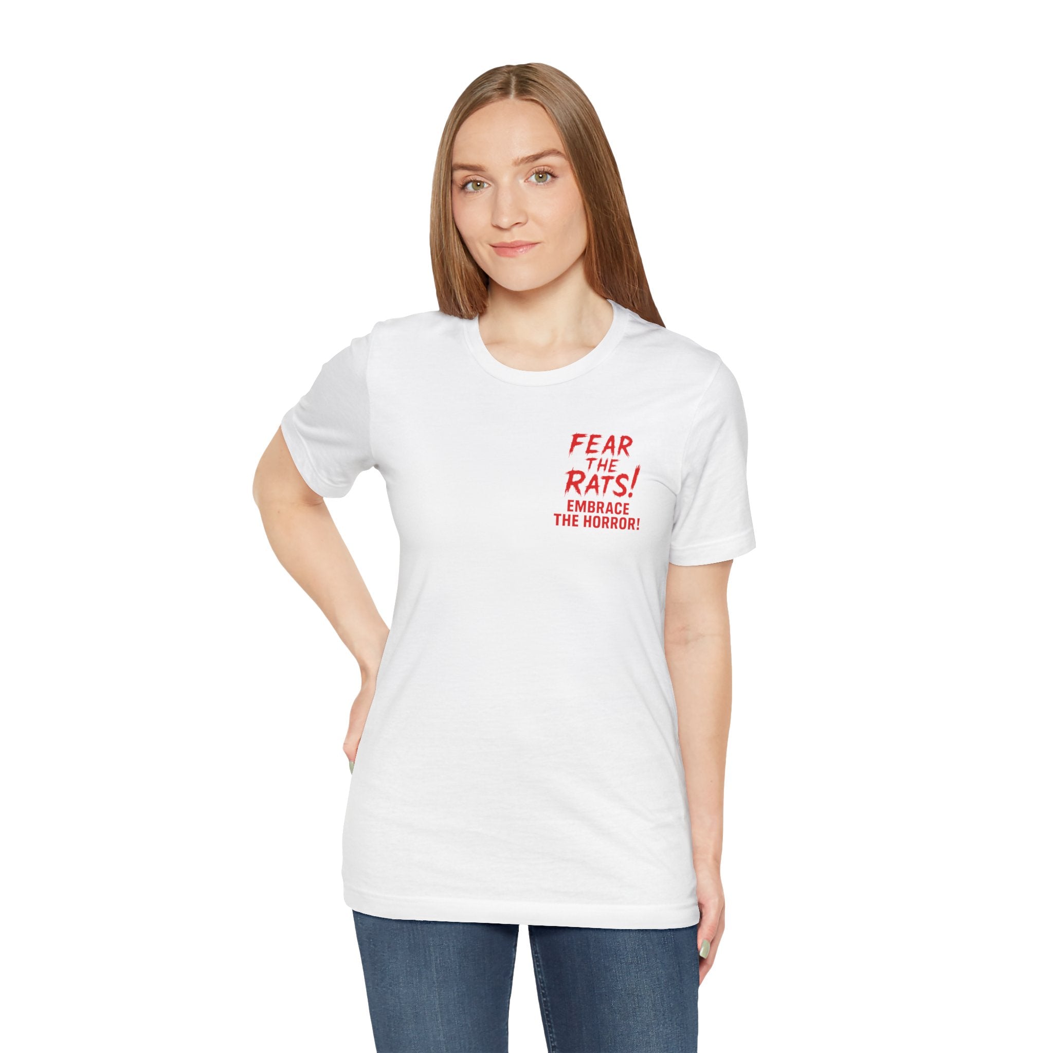RTS: "Fear the Rats! Embrace the Horror!" - Small Logo (RATS! Logo - Back Side) - Unisex Jersey Short Sleeve Lightweight Tee (White)