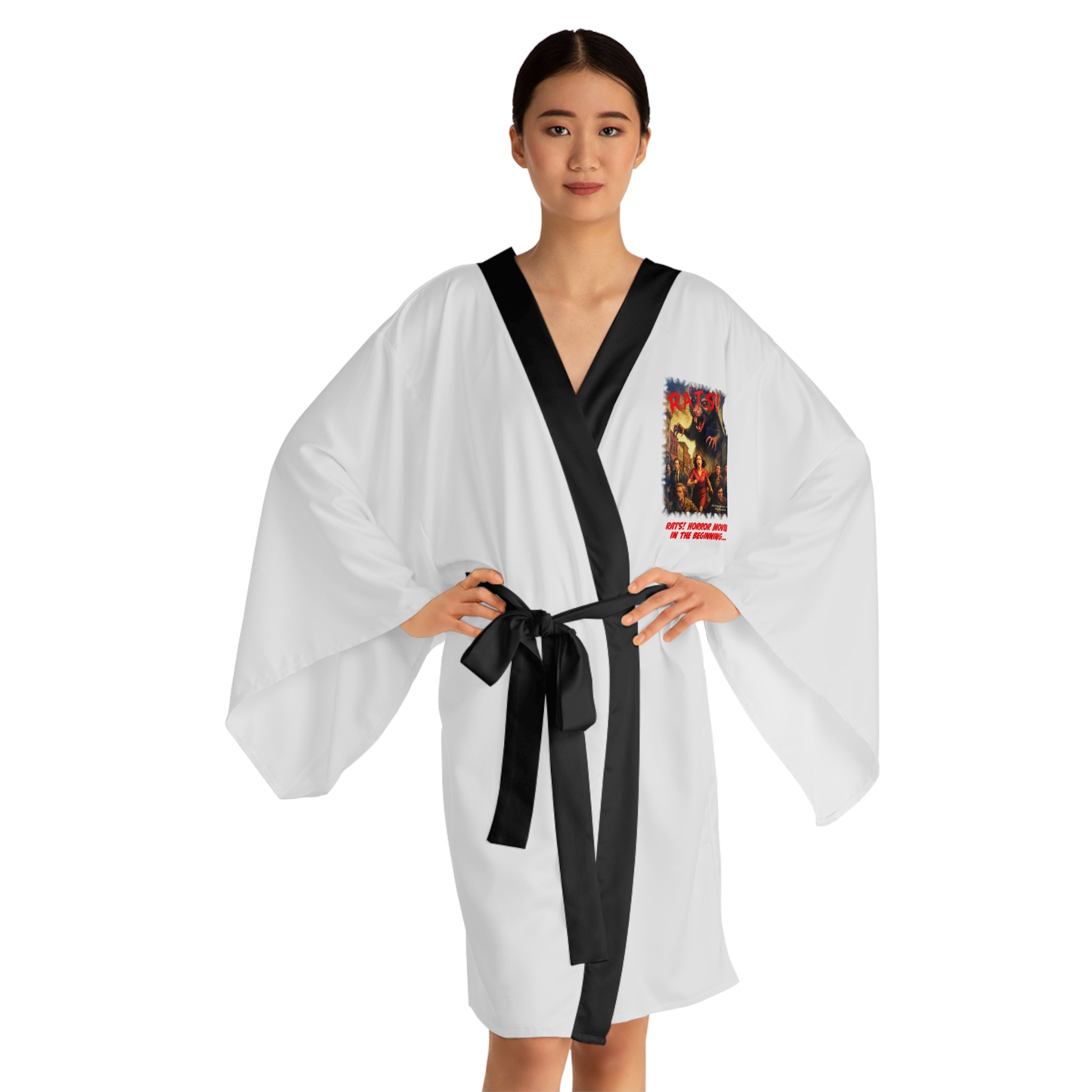 RRB: "RATS!" Movie Title Logo - Long Sleeve Kimono Robe - White with Black Edge & Belt