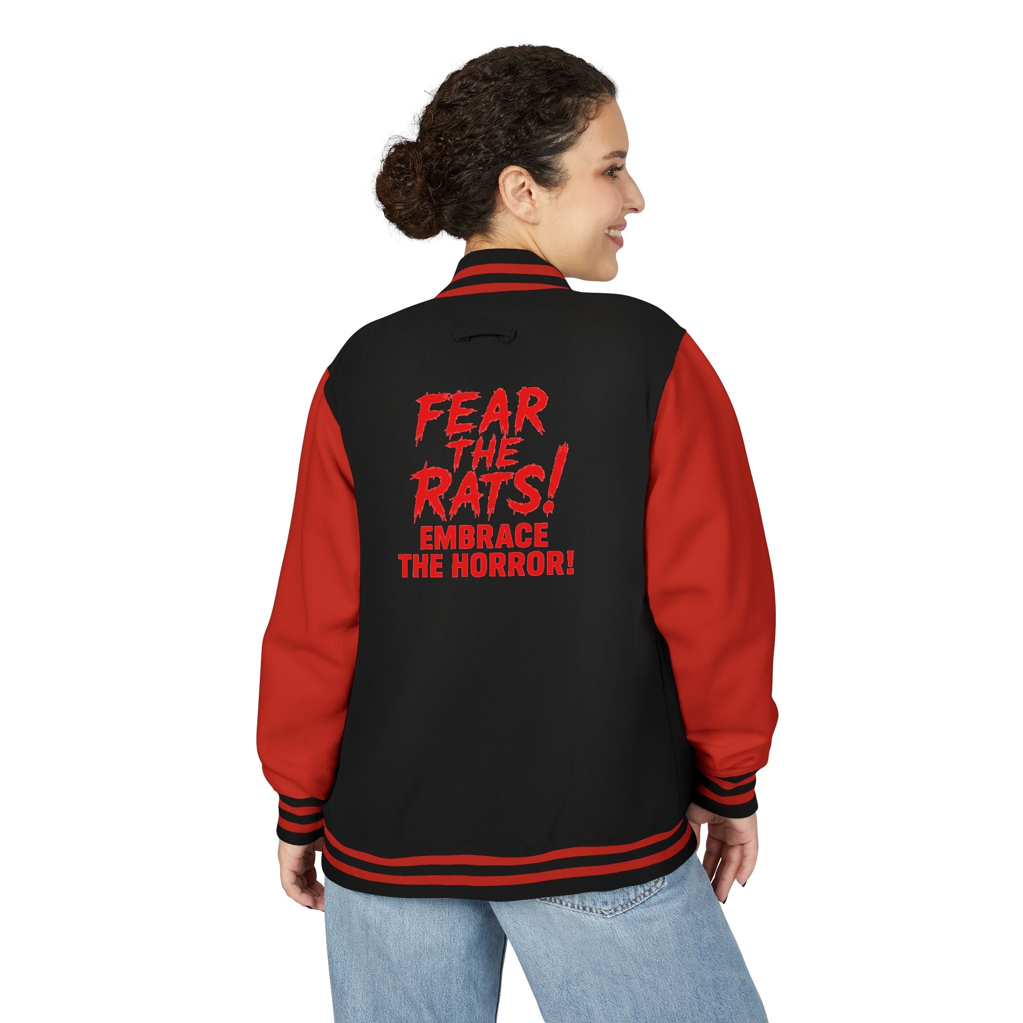 RJK: "Fear the Rats! Embrace the Horror!" - Unisex Heavyweight Letterman Jacket (Black/Red)