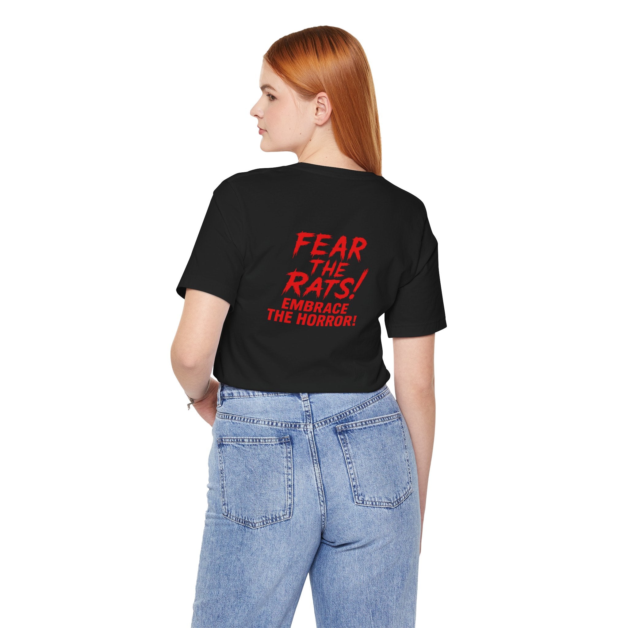 RTS: "RATS" Logo (Fear the Rats! Embrace the Horror! - Back Side) - Unisex Jersey Short Sleeve Lightweight Tee (Black)