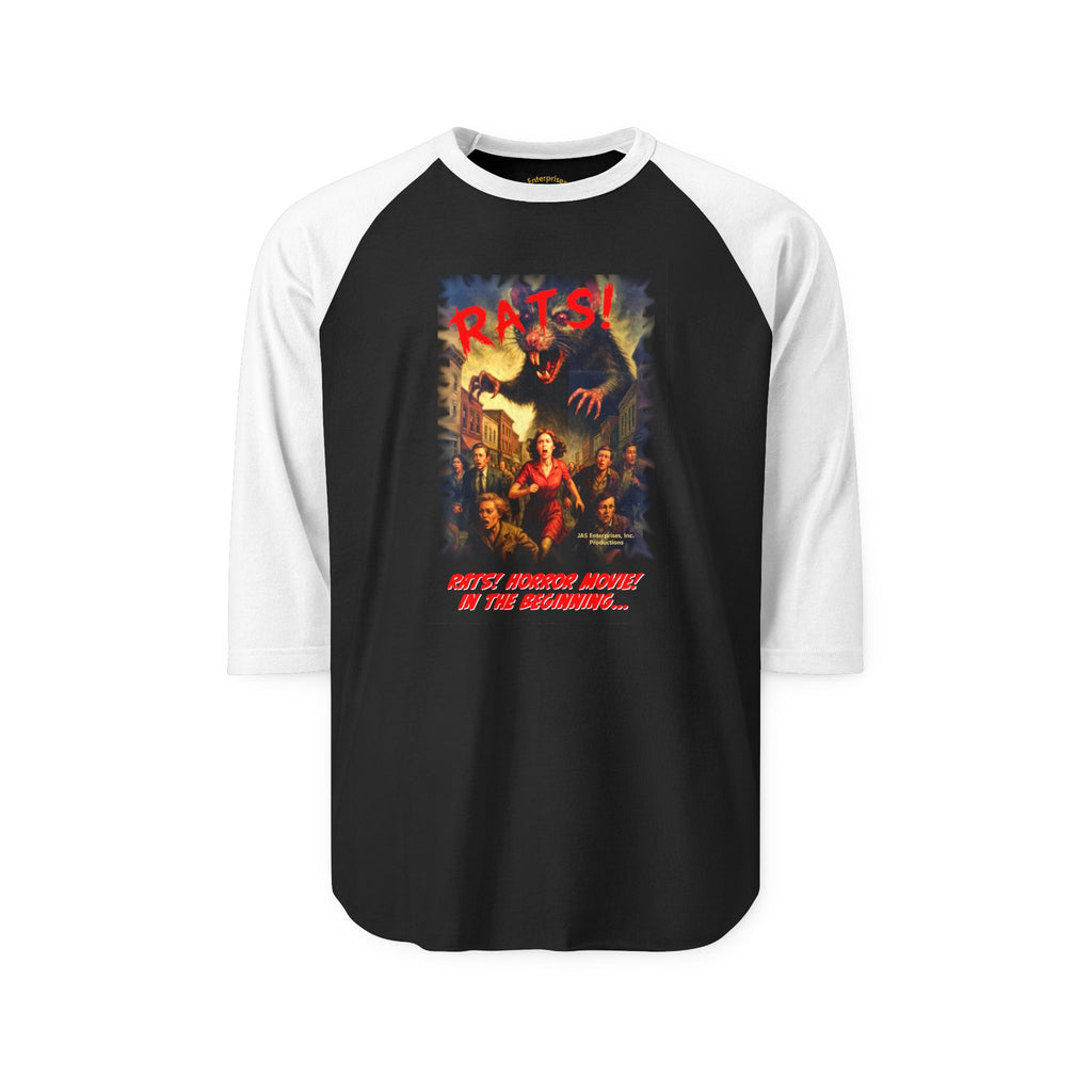 RRS: "RATS!" Movie Title Logo (Black Background) - Unisex Three-Quarter Sleeve Raglan Shirt