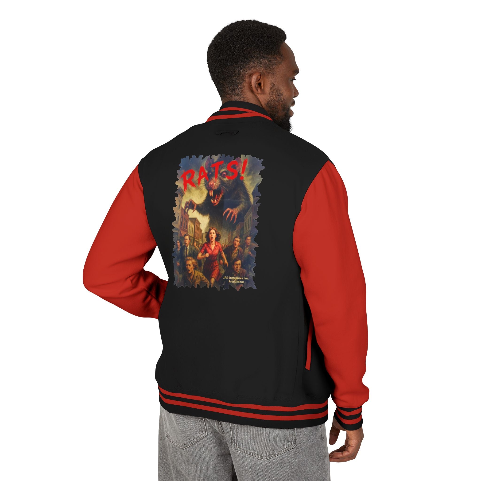 RJK: "RATS!" Logo - Unisex Heavyweight Letterman Jacket (Black/Red)